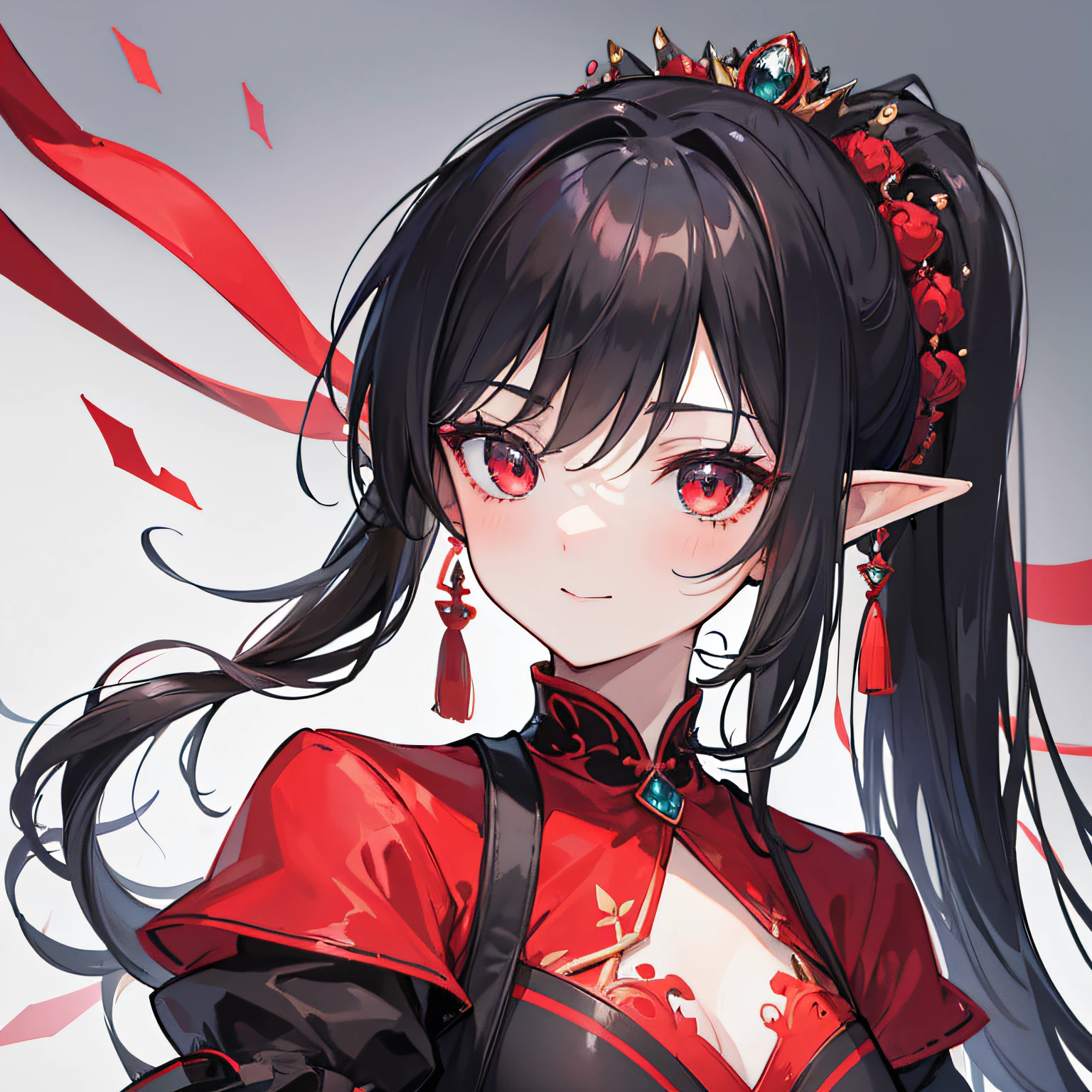 masterpiece, best quality, highres, 1girl, black red dress like princess, wearing a noble's dress, elegant dress, princess, elf, long hair, outdour, background is bright, ponytail, hair tied with a rope with red dice accessories, red eye, 20age, anime style, black hair with red inside, loking forward, loking at camera, loking at viewer, closeup, portrait, upper body, laugh, happy, blush.