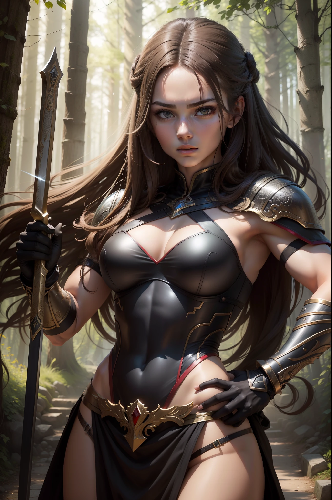 (8K,Photorealsitic　Raw photography　top-quality;1.4) 　(1girl in)　Super beauty　(Lifelike face)　Muscular and macho female body　(Brown hair long hair)　Hold the sword correctly and hold it in front of you　combat scene　Metallic black and red armor　Beautiful expression　glareing　(real looking skin)　(sorcerer)　enticing　超A high resolution　A hyper-realistic　high detal　fully body photo　ln the forest
