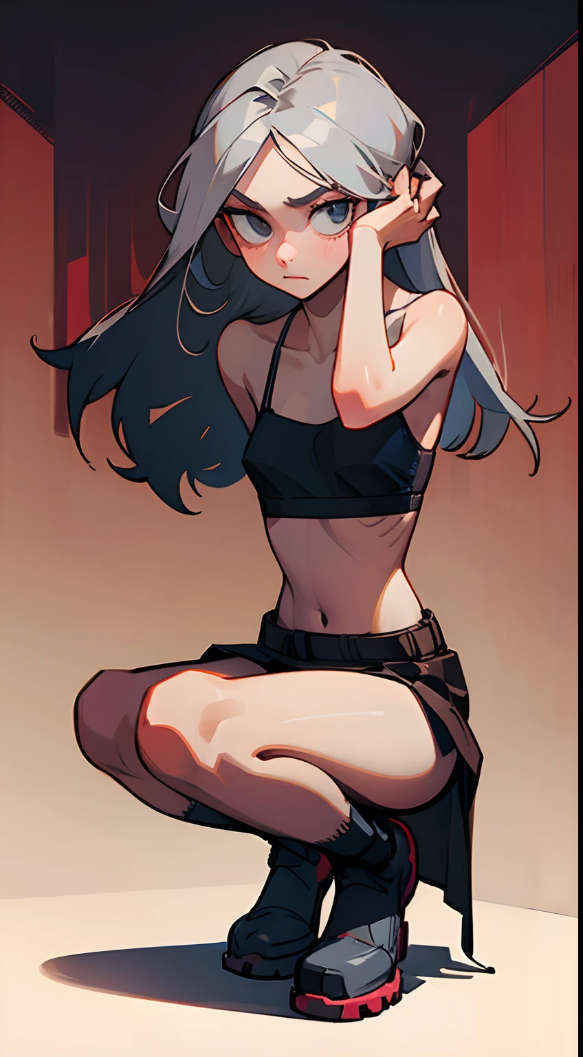 Girl with long gray hair, Slim, beatiful face, little chest, In a skirt and a leather bra, squatting down, spreads the legs, hands behind head