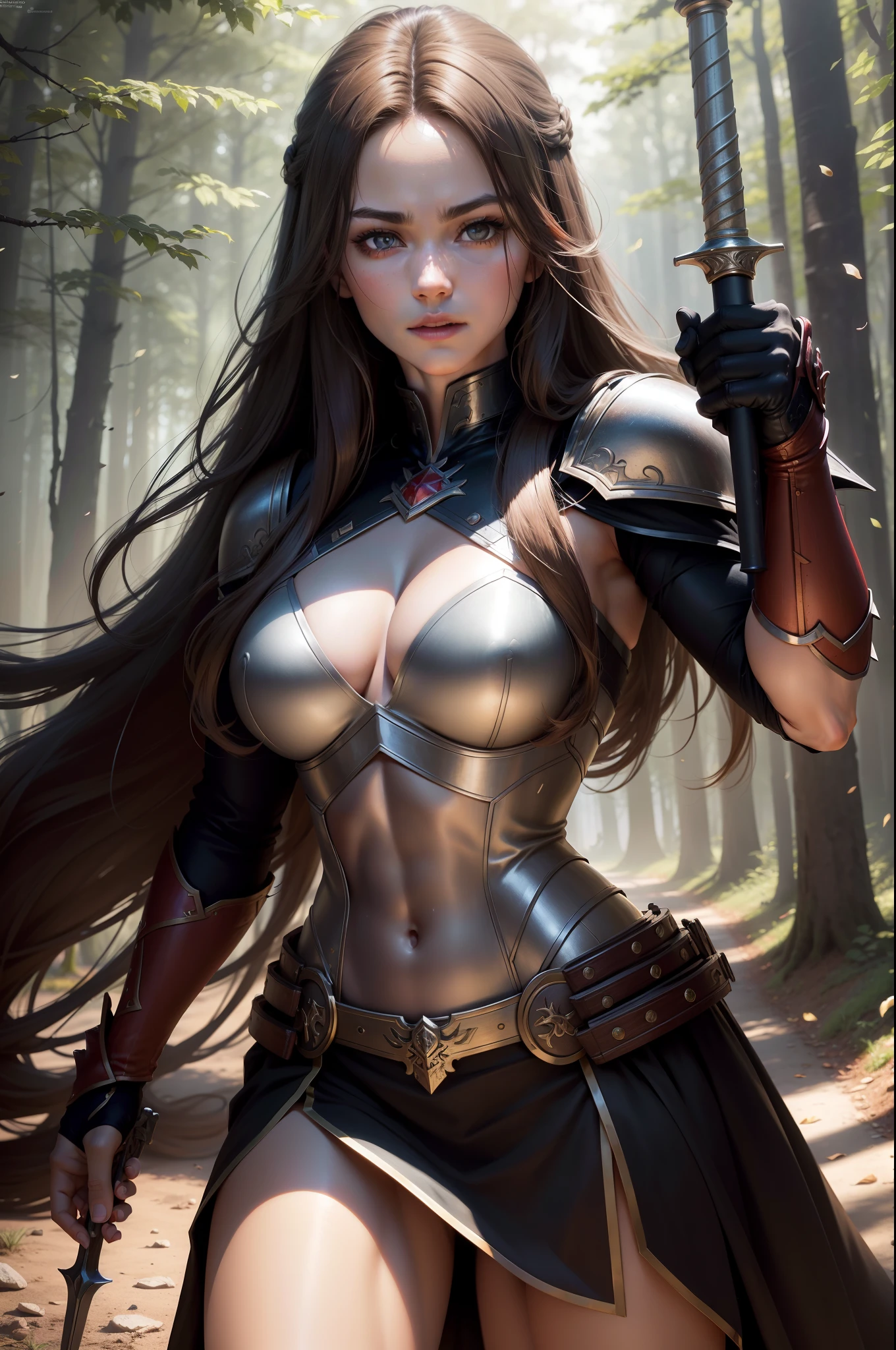 (8K,Photorealsitic Raw photography top-quality;1.4) (1girl in) Super beauty (Lifelike face) Muscular and macho female body (Brown hair long hair) Hold the sword correctly and hold it in front of you combat scene Metallic black and red armor Beautiful expression glareing (real looking skin) (sorcerer) enticing 超A high resolution A hyper-realistic high detal fully body photo ln the forest