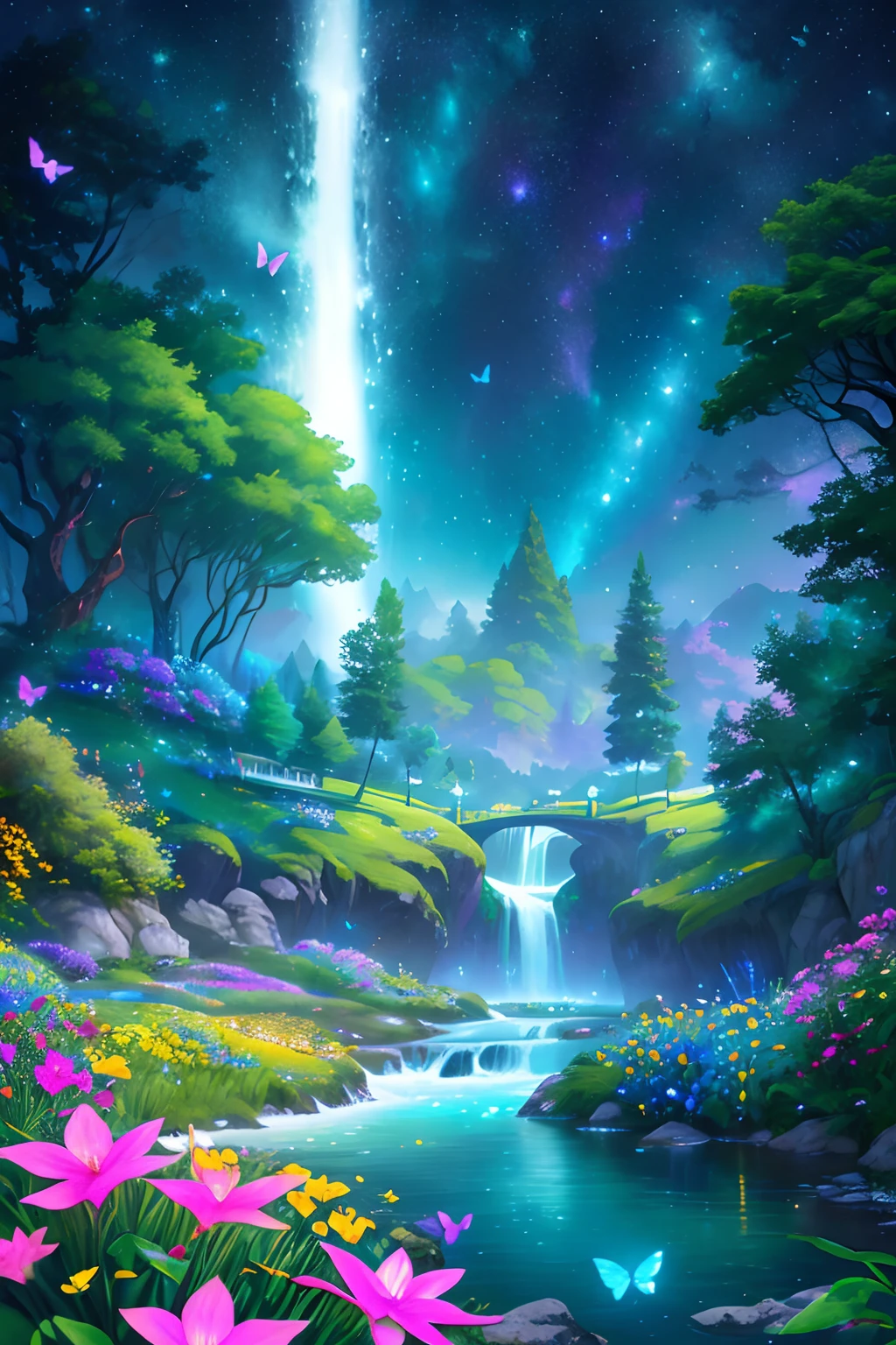 masterpiece, best quality, high quality, extremely detailed cg unity 8k wallpaper, an extremely colorful and purely fantasy environment with vibrant hues and a night sky, landscape of bright green grass, colorful trees, glittering fruits, and bright blue flowers. the streams are a deep shade of blue, and the air is filled with sweet exotic scents. the environment appears to be taken out of a dream, with luminescent butterflies and giant colorful birds flying around, award winning photography, bokeh, depth of field, hdr, bloom, chromatic aberration ,photorealistic,extremely detailed, trending on artstation, trending on cgsociety, intricate, high detail, dramatic, art by midjourney