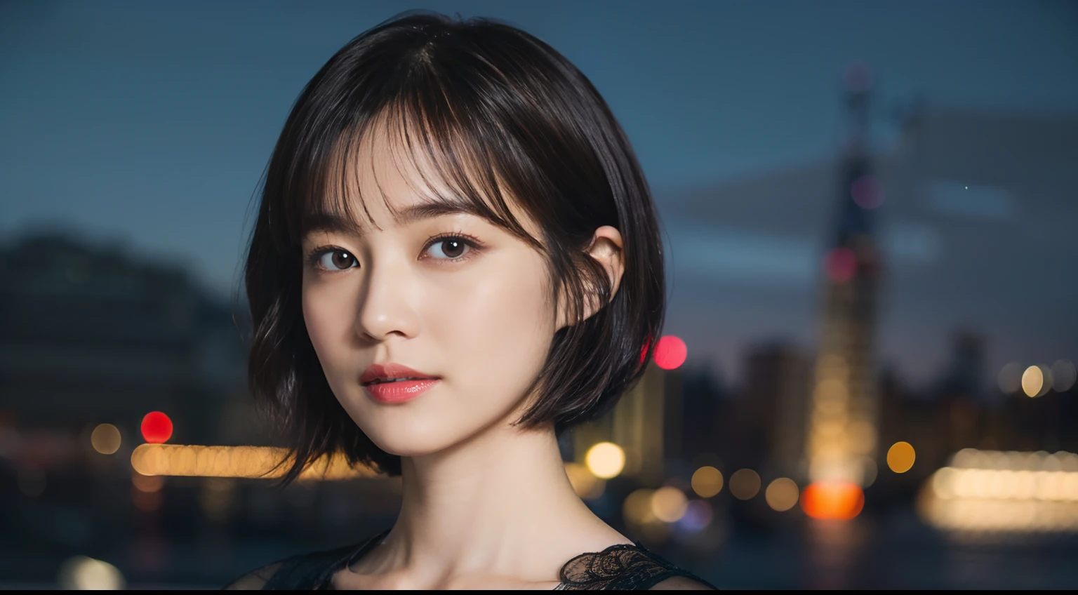 41
(Airy wavy short bob cut:1.23), (a 25yo woman), (A hyper-realistic), (Masterpiece), (8KUHD), Being in the harbor at night, medium chest