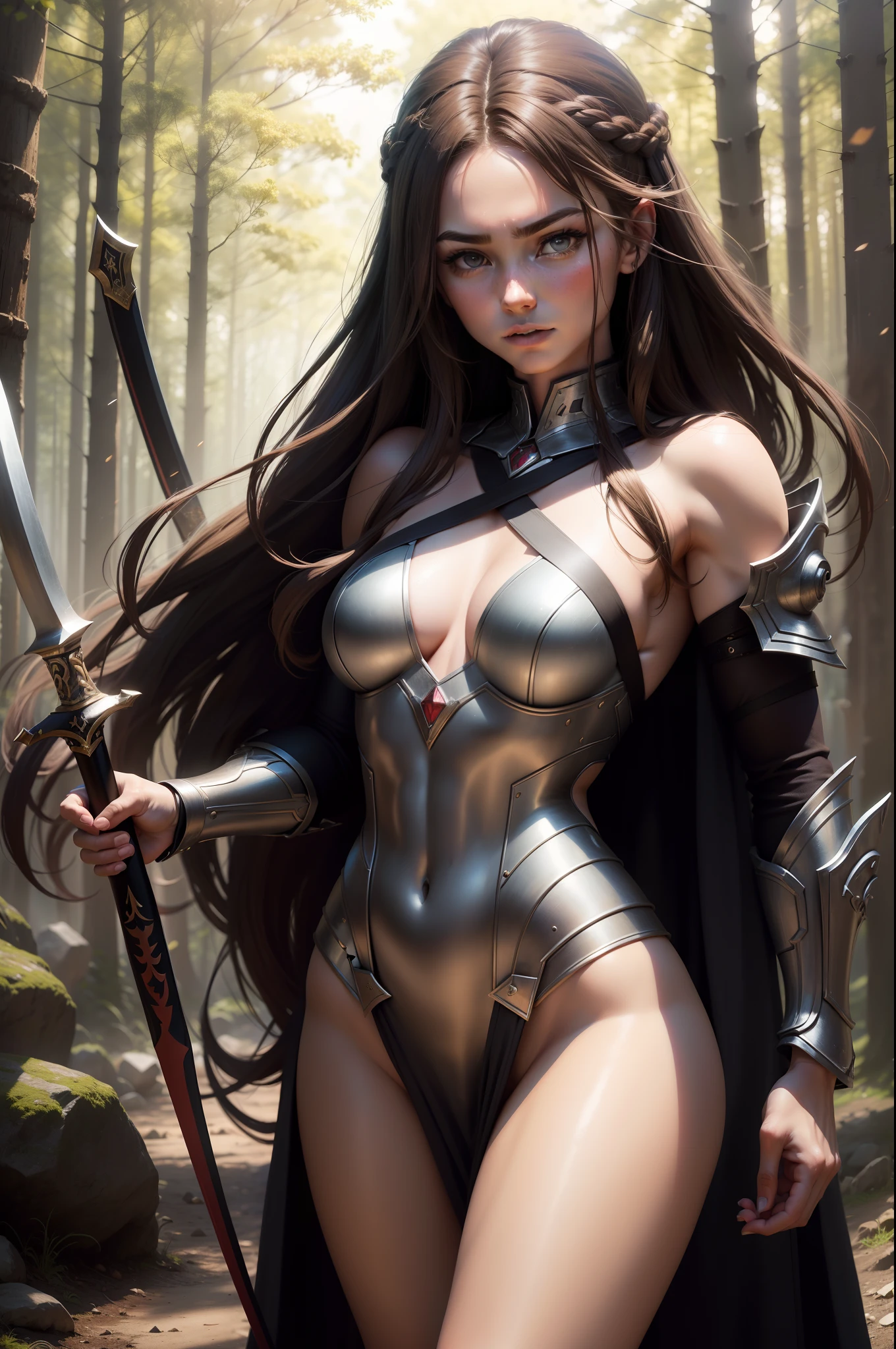 (8K,Photorealsitic　Raw photography　top-quality;1.4) 　(1girl in)　Super beauty　(Lifelike face)　Muscular and macho female body　(Brown hair long hair)　Hold the sword correctly and hold it in front of you　combat scene　Metallic black and red armor　Beautiful expression　glareing　(real looking skin)　(sorcerer)　enticing　超A high resolution　A hyper-realistic　high detal　fully body photo　ln the forest