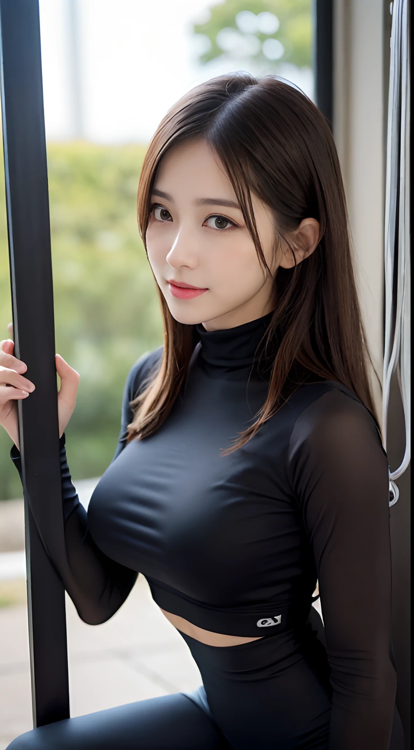 masutepiece, Best Quality, Photorealsitic, finely detail, hight resolution, 8K Wallpapers, Perfect dynamic composition, Beautiful detailed eyes, Medium Hair, Beautiful face, Perfect face, (Huge chest under the shirt:1.3), slender, Random and sexy poses, (Bring your chest together, focus on chest, Breast Focus), (Wet, Wet and tight long sleeve high neck shiny yoga wear、Long pants leggings, cleavage cutoutgloss)、(bulging chest under the shirt:1.2)、Smile, Open mouth, Being in the gym、Power Rack, 23 years old, (Drooping eyes 1.5、full body seen), Adult beauty, Japanese、From the knee up、Kneel with your crotch wide apart、((posterior view))