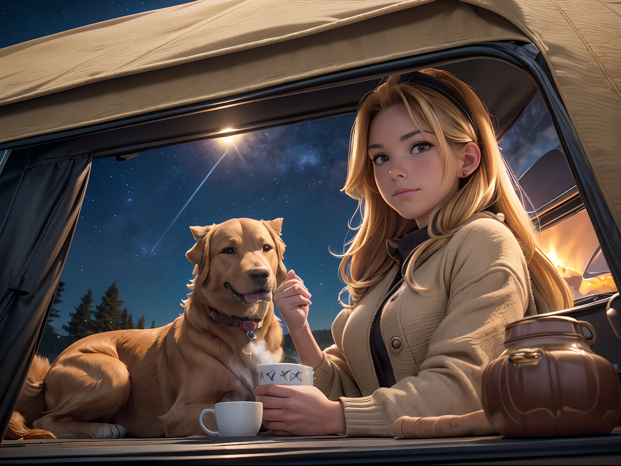 (8K, 16 K, awardwinning, Best Quality, hight resolution, high details, Anatomically correct, Textured skin, mastutepiece:1.3),(Motorhome:1.3), Large dog golden retriever, (1 girl:1.4), Solo, Campfire, tarp tent, bonfire, mug, steam, night, starry sky, shooting star, girl drinking coffee,