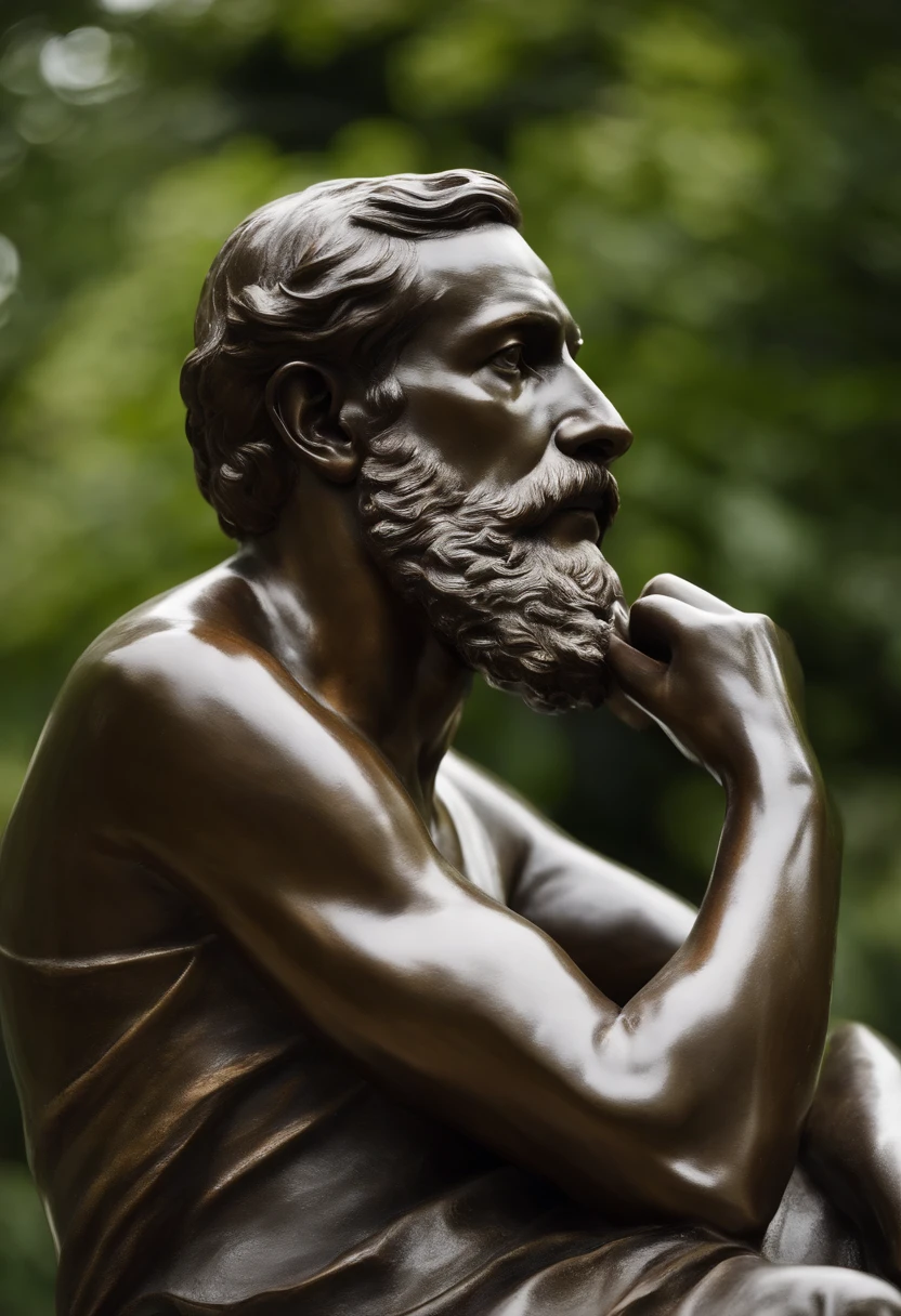 Realistic portrait of a man sitting on a pedestal with one hand on his chin, pensador, O Pensador, Families style, families, Pose de pensador, philosopher, pensante, Augusto Rodin, freudiano, contemplation, Absorto em pensamentos, pensativo, filosofia, contemplating existence, conhecimento intenso, Pensando, bronze statue, Contemplando