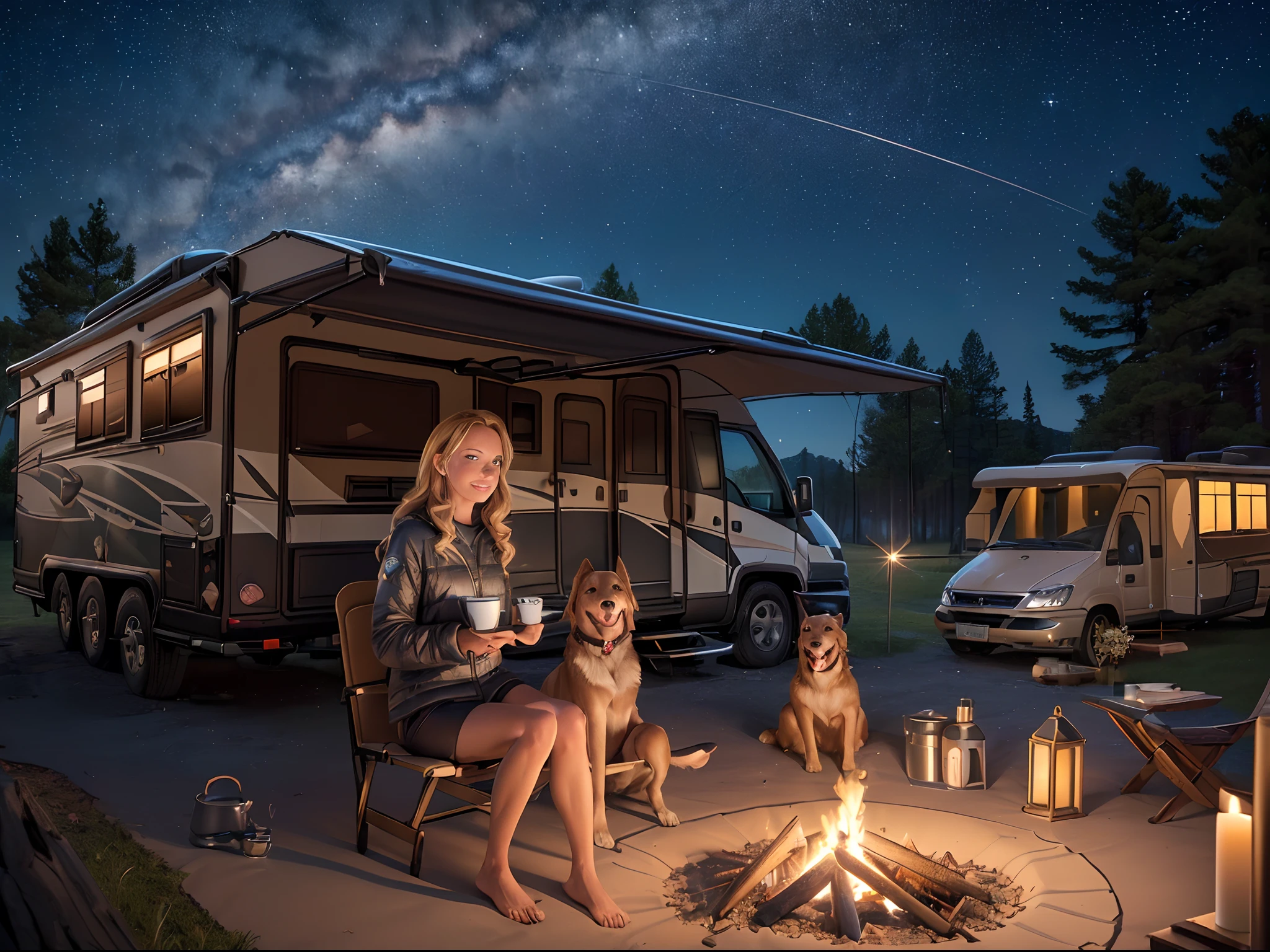 (8K, 16 K, awardwinning, Best Quality, hight resolution, high details, Anatomically correct, Textured skin, mastutepiece:1.3),(Motorhome:1.3), Large dog golden retriever, (1 girl:1.4), Solo, Campfire, tarp tent, bonfire, mug, steam, night, starry sky, shooting star, girl drinking coffee,