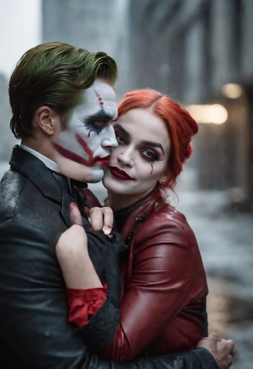 couple portrait photo from a joker hugged pretty harley quinn from behind, joker paint on the face, joker style, harley quinn suit, rain day, wet, looking camera, dynamic romantic poses, dramatic couple portrait photography, urban wall graffiti background, detailed face and eyes, perfect anatomy, perfect finger, lots of detail, higly detailed, cinematic lighting, movie scenes, trending movie color style, realistic photography, ultra realistic, masterpiece, dynamic composition, dynamic mid shot, very wide view, nvidia rtx