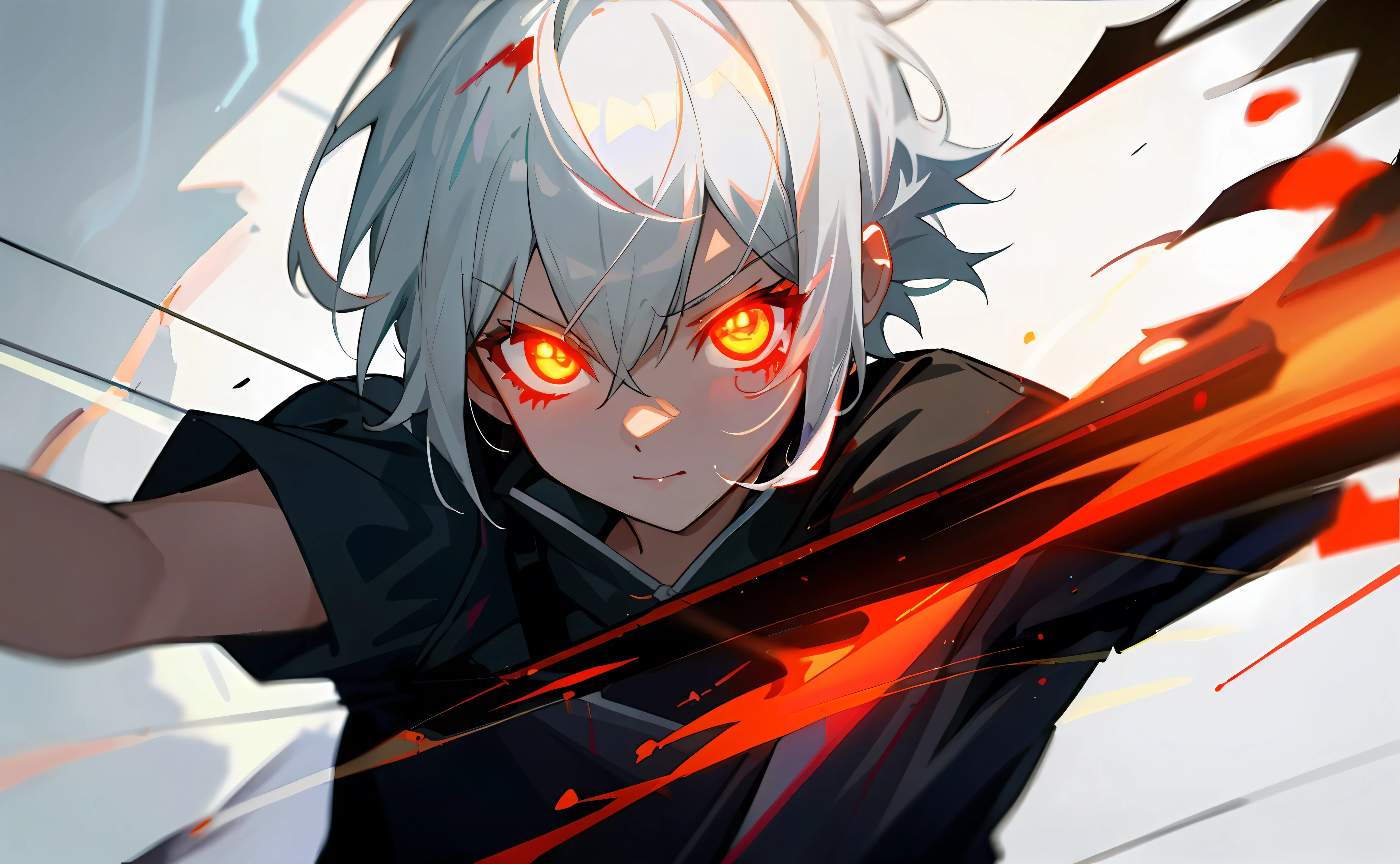 Masterpiece, high-quality, high resolution, 8k, best quality, 1girl, slaying demon, tomboy, cool, glowing eyes, burning eyes, blood splatter, lightning eyes, white hair, short hair