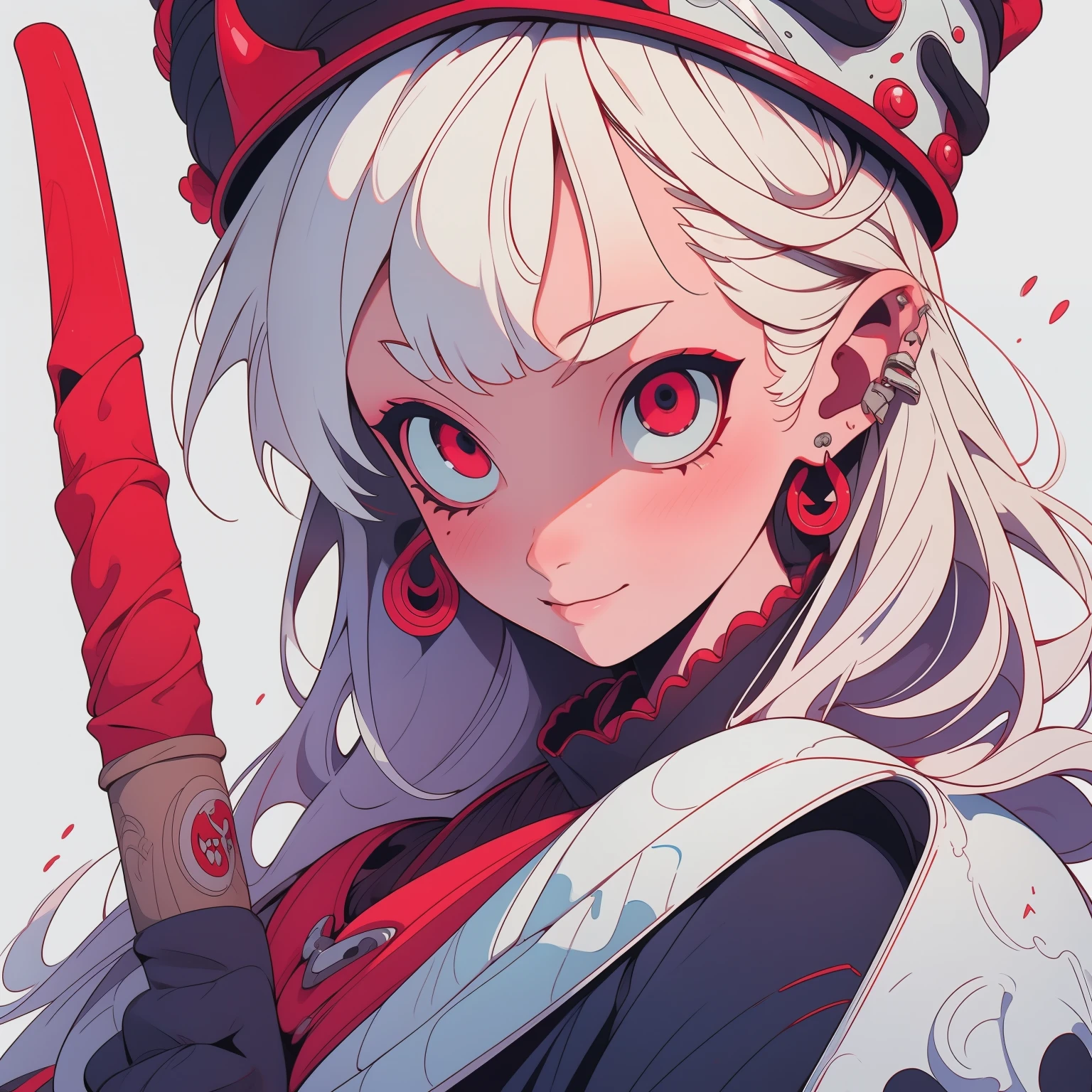 masutepiece, Best Quality, 4K, 超A high resolution, ultra-detailliert, High resolution, Ultra HD, sophisticated details, ukiyoe painting, White hair, Seductive smile, skin color is pure white, Dark blue, devilishness, Futuristic Suit, futuristic hat, Intellectual, Red Eyes, devil, Long hair, Background of the Demon World