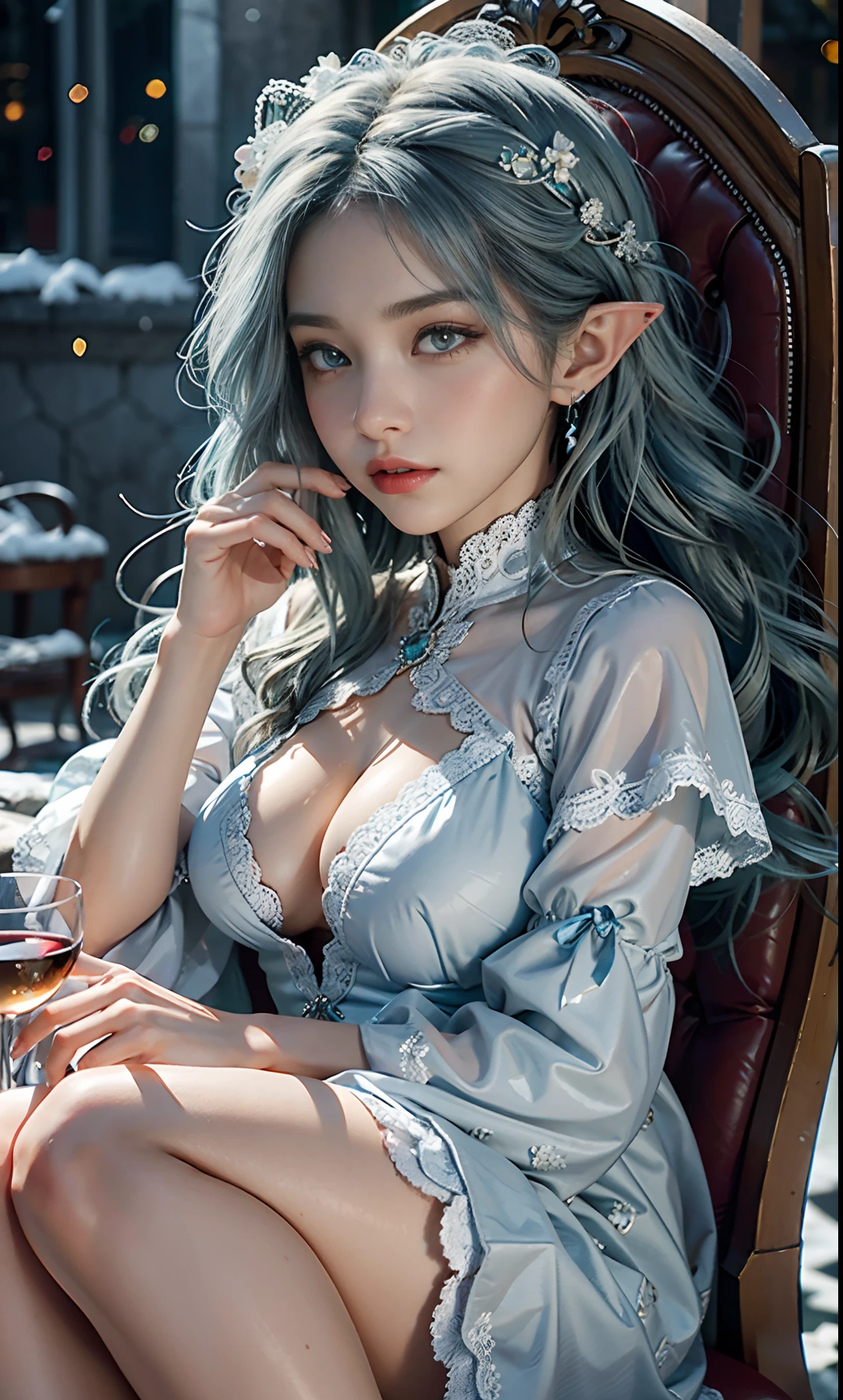 （raining day：1 girl with blue and white hair, Hold a wine glass，Girl）， tmasterpiece， best qualtiy， RAW photogr， realisticlying， the face， Incredibly Ridiculous res， Beautiful elf beauty，Elf Princess，head chain，ear studs，Get wet all over， (Extra-long blue and white curls)，White lace Lolita dress，light yarn，heeled sandals，Hold a wine glass，depth of fields， A high resolution， ultra - detailed， filigree， RAWE is very detailed， very detailed eyes and faces， Sharp pupils， realistic pupil， tack sharp focus， cinmatic lighting，full bodyesbian，Bigboobs，long leges，From the front side，Throne on a snowy day，dynamicposes