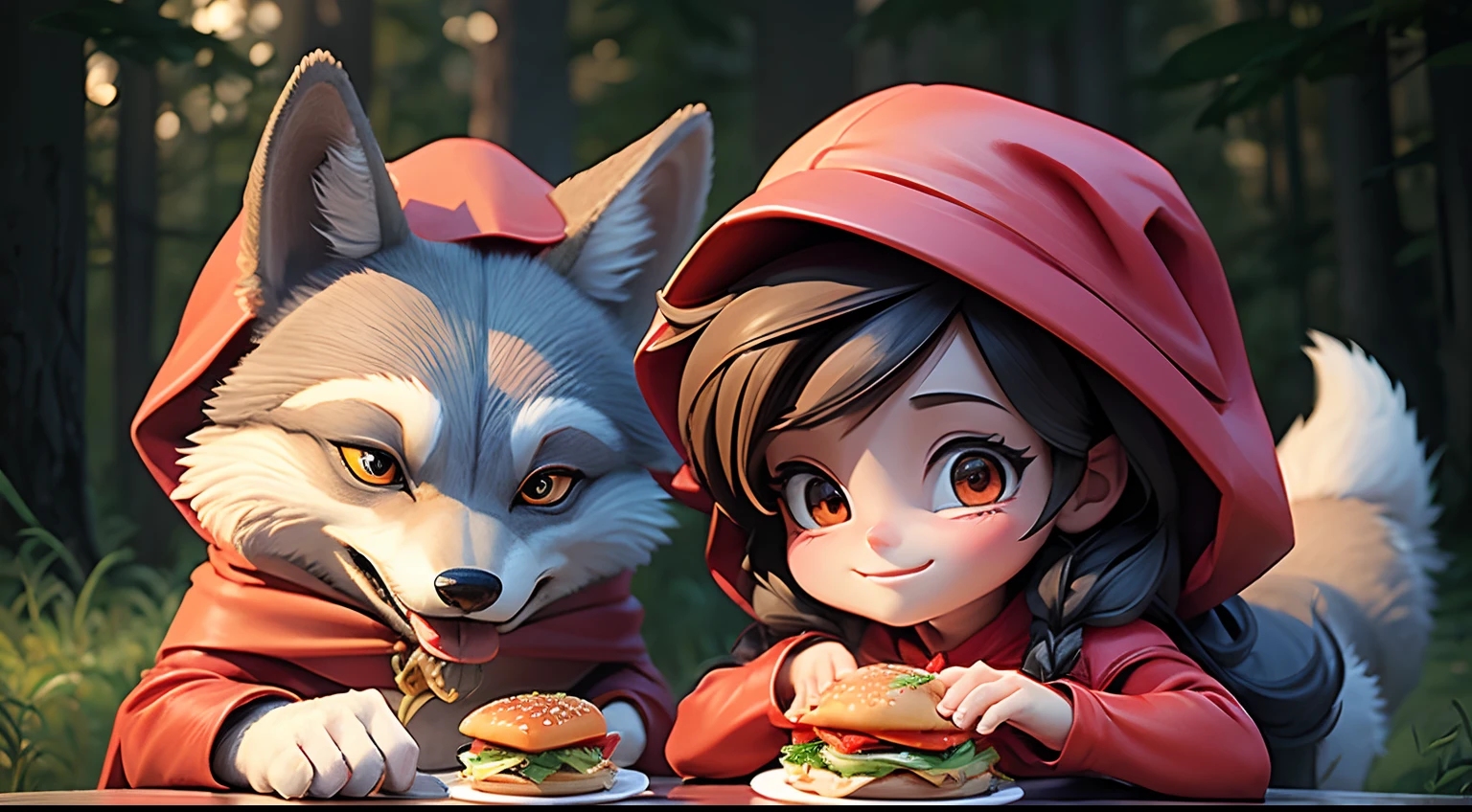 masterpiece, best quality, a realistic cartoon of a (Little red riding hood and a wolf) smiling, eating together hamburgers,