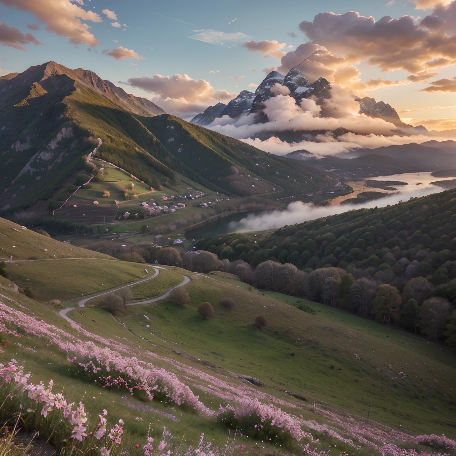 ((masutepiece:1.4,Best Quality)), cloud, Outdoors
(mountainscape), Spring glades, Scenery, skyporn, springtime,
(early morning:1.4),Morning Red, high detailing, abundant, 8K, high detailing, Wallpaper,