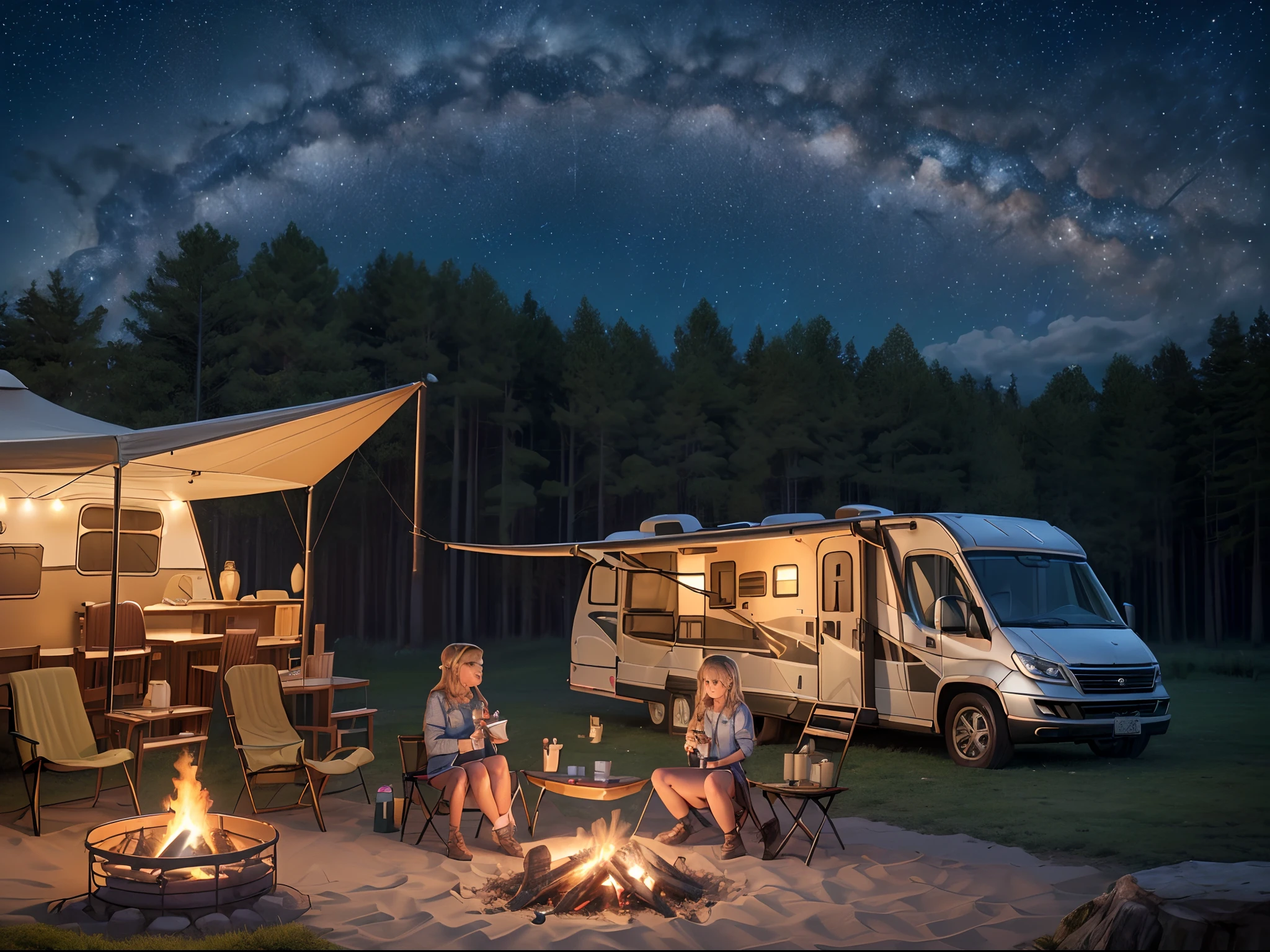 (8K, 16 K, awardwinning, Best Quality, hight resolution, high details, Anatomically correct, Textured skin, mastutepiece:1.3),(Motorhome:1.3), Large dog golden retriever, (1 girl:1.4), Solo, Campfire, tarp tent, bonfire, mug, steam, night, starry sky, shooting star, girl drinking coffee,