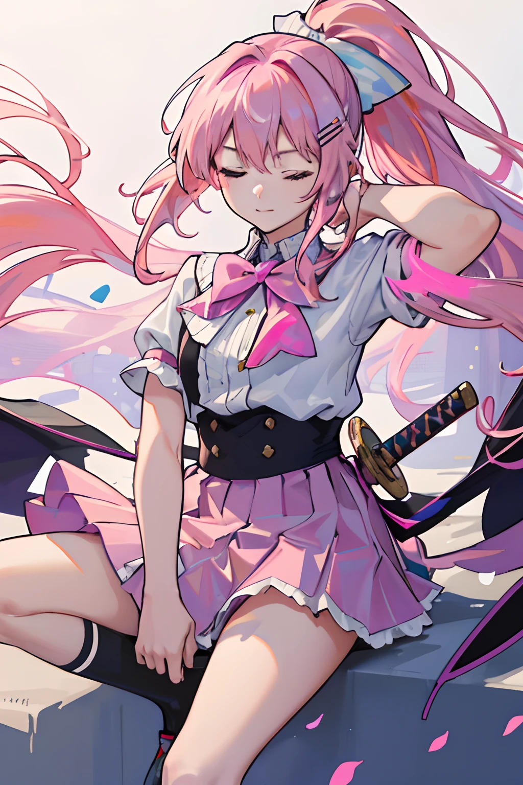 (best quality,4k,highres,masterpiece:1.2), (realistic:1.37),ultra-detailed,portrait,anime,colorful,studio lighting,strong contrast,pink hair,high ponytail,loose strands, pink butterfly hair clip,white blouse,skirt blown by the wind,pink mech katana,black knee-high socks,drawing the sword,swiftly eliminating enemies,crouching,eyes closed.