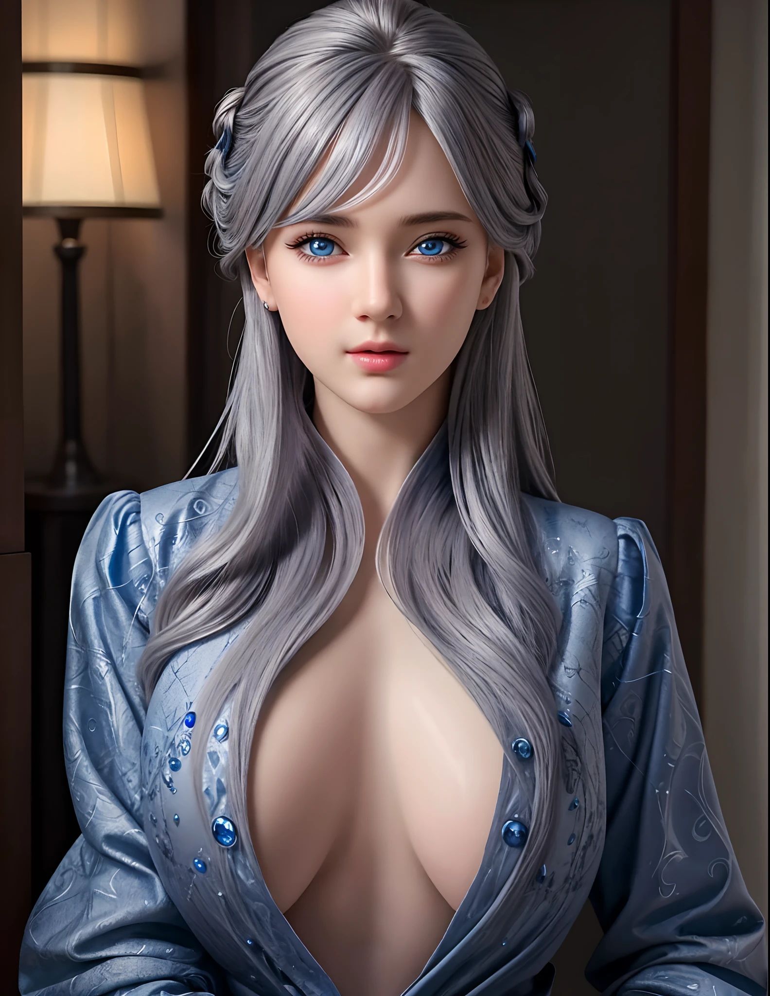 (hyperrealistic), (illustration), (high resolution), (8K), (extremely detailed), (best illustration), (beautiful detailed eyes), (best quality), (ultra-detailed), (masterpiece), (wallpaper), (photorealistic), (natural light), (rim lighting), (detailed face), (high detailed realistic skin texture), (anatomically correct), (solo), (1 girl), (high detailed realistic hair), (bluish gray hair:1.35), (heterochromic eyes), (detailed eyes), (blue eyes:1.37), (sparkling eyes), (realistic big breasts:1.5), (exposed nipples breasts:1.35), (long legs), (slender abs), (dynamic pose), (closed tiny mouth:1.3), nsfw, concentrated expression.