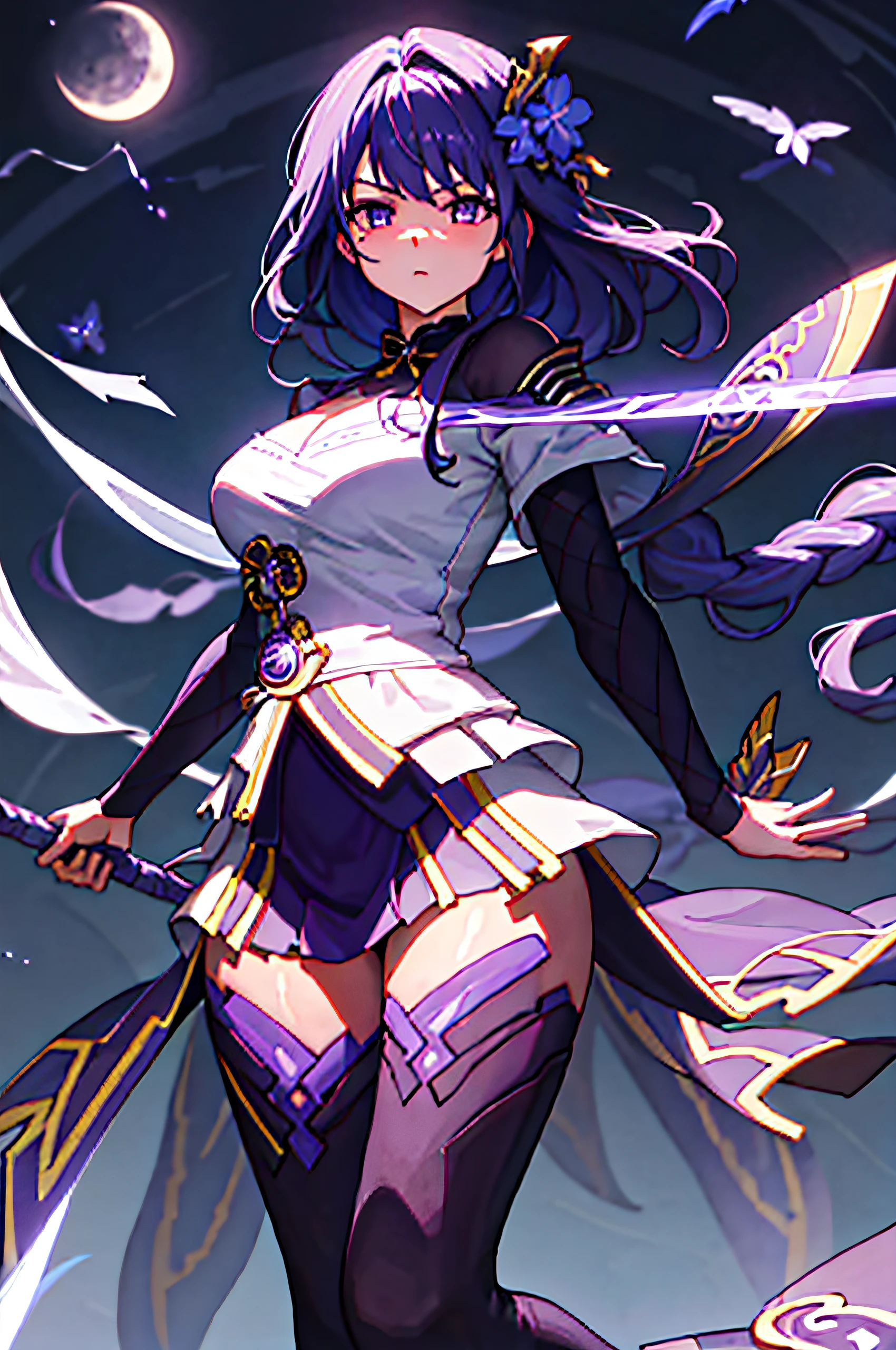 masterpiece、perfectquality、perfect detailed、hight resolution、extremely delicate and beautiful、Dynamism、Superb view、Moon Night、purple lightning、pale light、Buttocks visible from the front