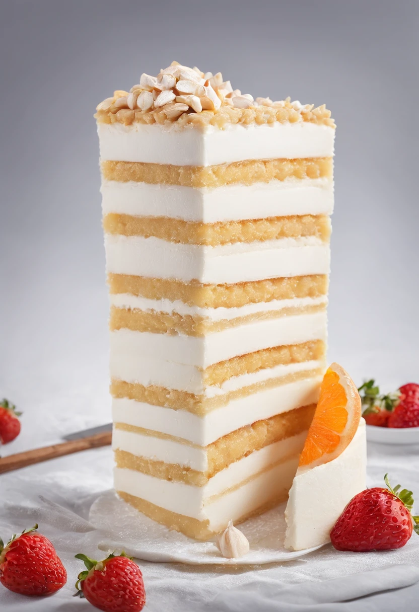 um bolo com um corte de uma deliciosa fatia de bolo, cinemactic, fotografia profissional, studio illumination, Light Studio Background, advertising photography, detalhes intrincados, hiper-detalhado, Ultra realista, 8k UHD, Acentos dourados no pano de fundo. Creme de recheio, colher e garfo dourados. Makes you want to eat, Parece delicioso