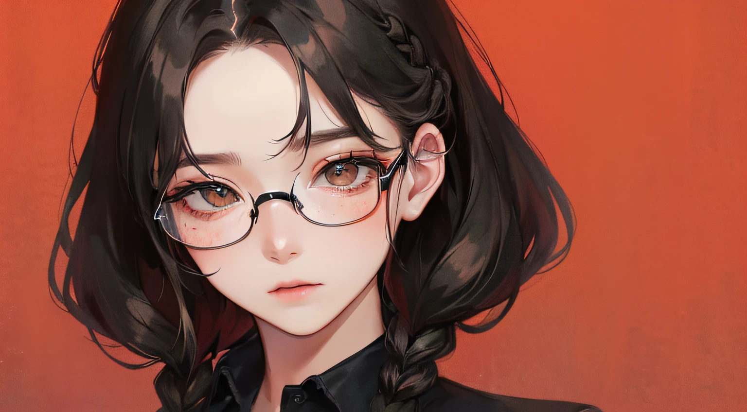 (((1人の女性)))、(Top resolution、Distinct_image) best qualtiy、((Mottled red background)))、ighly detailed、Semi-realistic、Black hair、eye glass、Braided hairstyle、deadpan、bangss、20yr old、年轻、((Black shirt))、delicated facial features、Facial features、mid-shot、