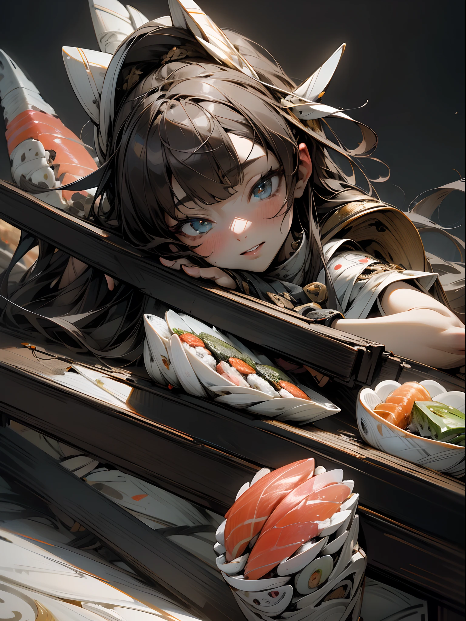 (A hyper-realistic), (Illustration), (High resolution), (8K), (Very detailed), (Best Illustration), (Beautiful and detailed eyes), (Best Quality), (ultra-detailliert), (masuterpiece),beatiful sushi master woman,