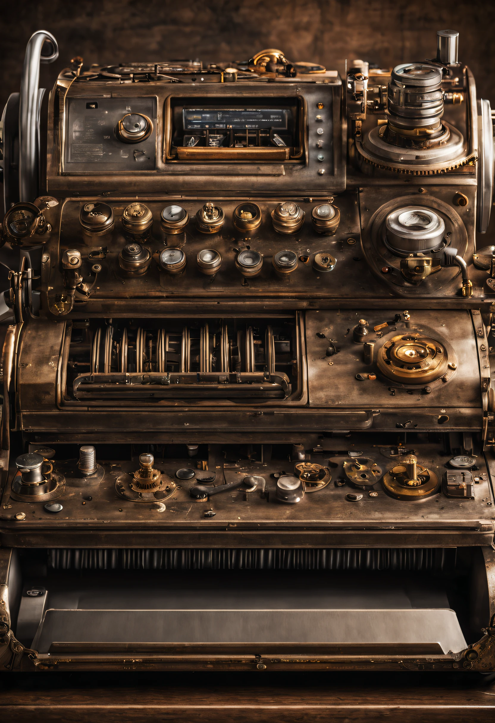 A close-up of a fax machine, with its mechanical parts and buttons highlighted in a steampunk style.
