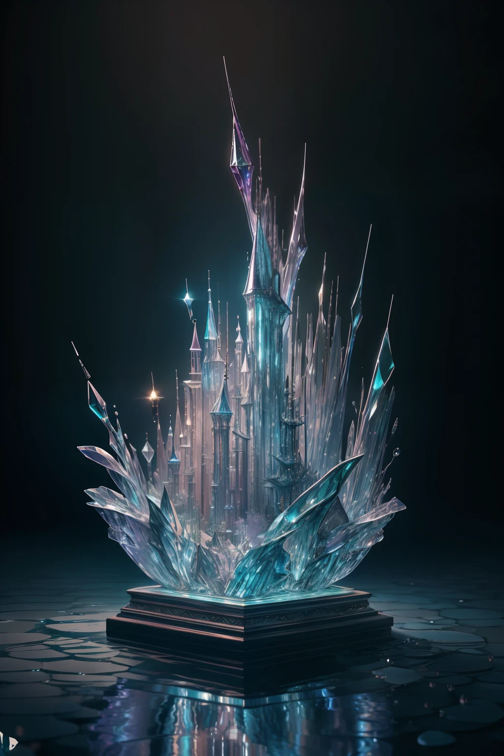 "A masterpiece of crystal sculpture with natural aquatic plants inside, Water, brilliance, Fantasia,Reflection of several colors, hightquality, high detal, top-quality, nffsw, 4K, 8K"