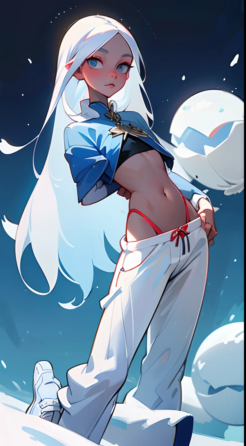 Girl with long white hair, snow white skin, Slim, beatiful face, little chest, In a thong and crop top, white sneakers, Full-length