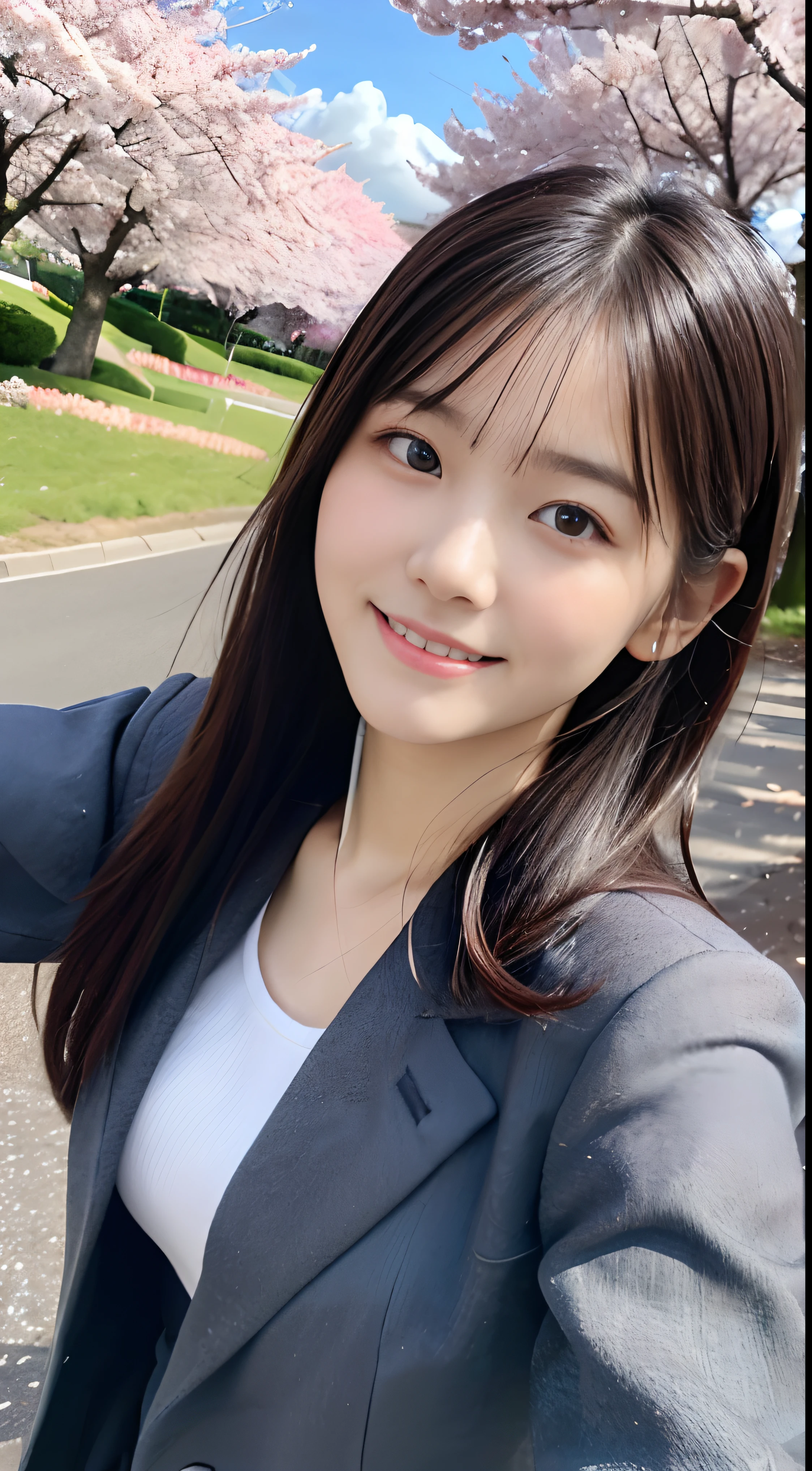 (Low angle shot of one girl with slender small breasts and long hair in spring coat and cloth :1.5)、(The girl turns around with a small smile、the hair flutters with the wind :1.5)、(low  angle shot:1.5)、(Rows of cherry blossom trees in full bloom and cherry blossom petals dancing in the wind:1.5)、(Perfect Anatomy:1.3)、(No mask:1.3)、(complete fingers:1.3)、Photorealistic、Photography、masutepiece、top-quality、High resolution, delicate and pretty、face perfect、Beautiful detailed eyes、Fair skin、Real Human Skin、pores、((thin legs))、(Dark hair)