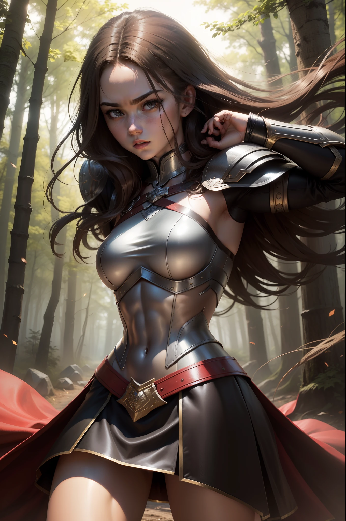 (8K,Photorealsitic Raw photography top-quality;1.4) (1girl in) Super beauty (Lifelike face) Muscular and macho female body (Brown hair long hair) Hold the sword correctly and hold it in front of you combat scene Metallic black and red armor Beautiful expression glareing (real looking skin) (Female Warrior) enticing 超A high resolution A hyper-realistic high detal fully body photo ln the forest