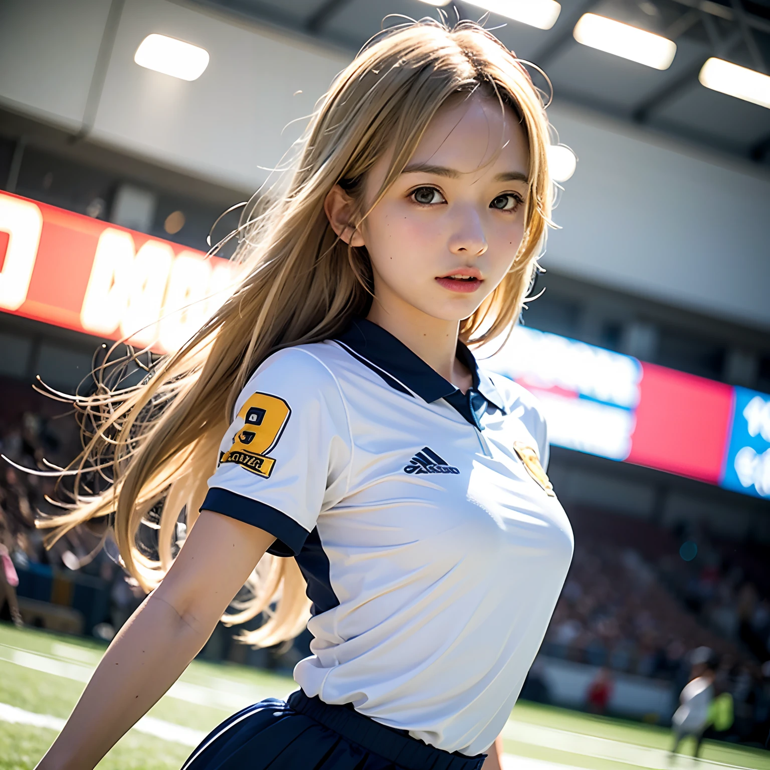 730717681 Only one woman, alone, blonde、radiant beautiful skin、big breasts、outstanding style, naked, stadium, highest quality, ultra high resolution , Upper body,