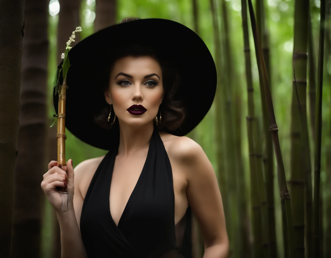 mulher jovem estilo marilyn monroe, roupa preta, olhos verdes, segurando katana, em uma floresta de bambu. Estilo fotografia profissional, extrememente detalhada. 4k