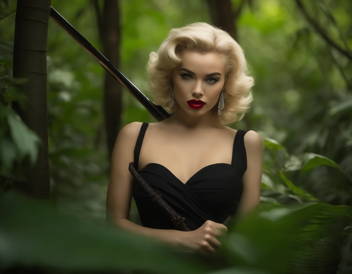 mulher jovem estilo marilyn monroe, roupa preta, olhos verdes, segurando katana, em uma floresta de bambu. Estilo fotografia profissional, extrememente detalhada. 4k