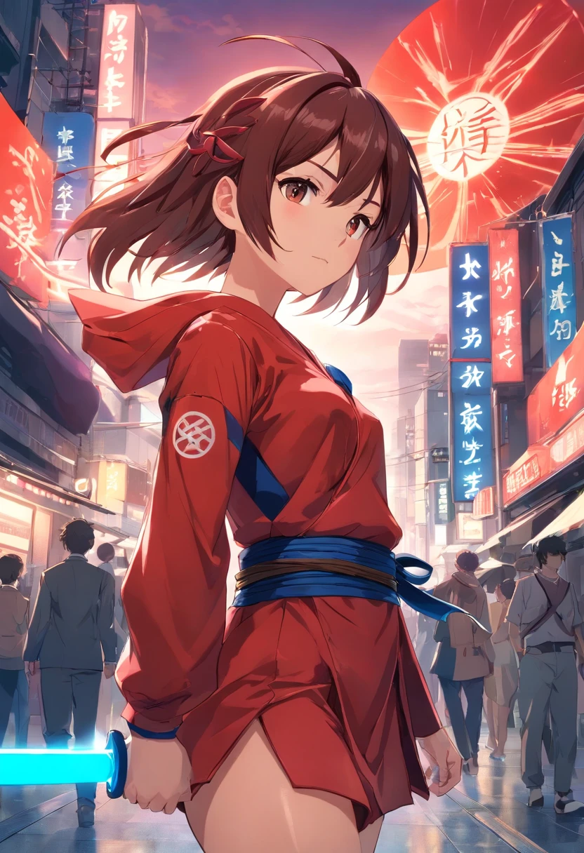 (Best Quality), (masutepiece),Ultra-detailed, Girl with a Red Helmet,Japan red armor,Japanese Katana Sword,Long sleeve, emphasis lines,motion line,(whirling:1.2) , Kamehameha, Charging,Energy Ball, electricity, aura,Old Japan cityscape,Red helmet