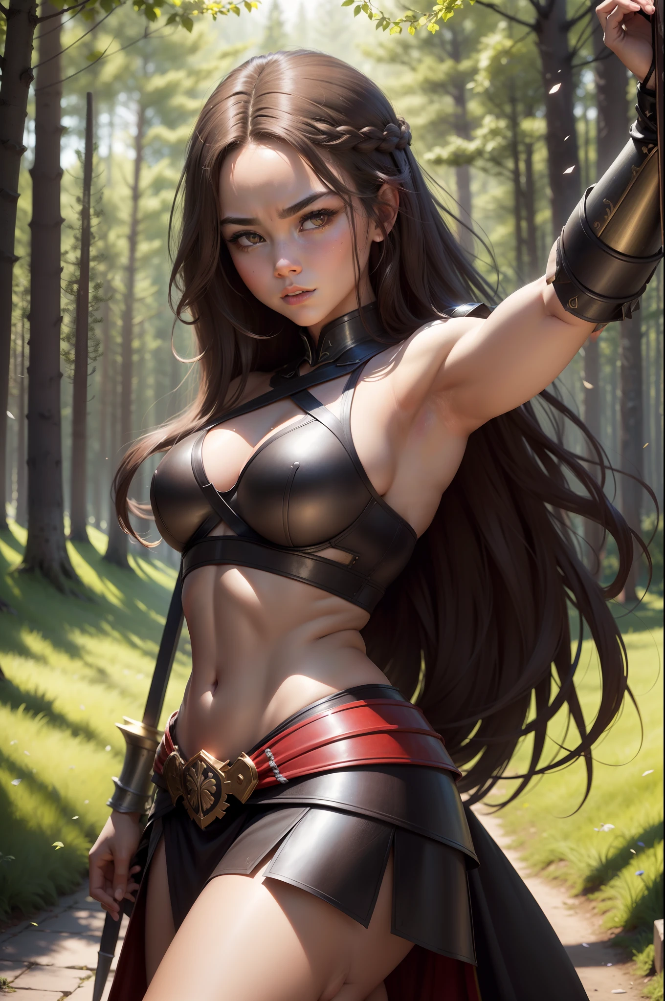 (8K,Photorealsitic Raw photography top-quality;1.4) (1girl in) Super beauty (Lifelike face) Muscular and macho female body (Brown hair long hair) Hold the sword correctly and hold it in front of you combat scene Metallic black and red armor Beautiful expression glareing (real looking skin) (Female Warrior) enticing 超A high resolution A hyper-realistic high detal fully body photo ln the forest