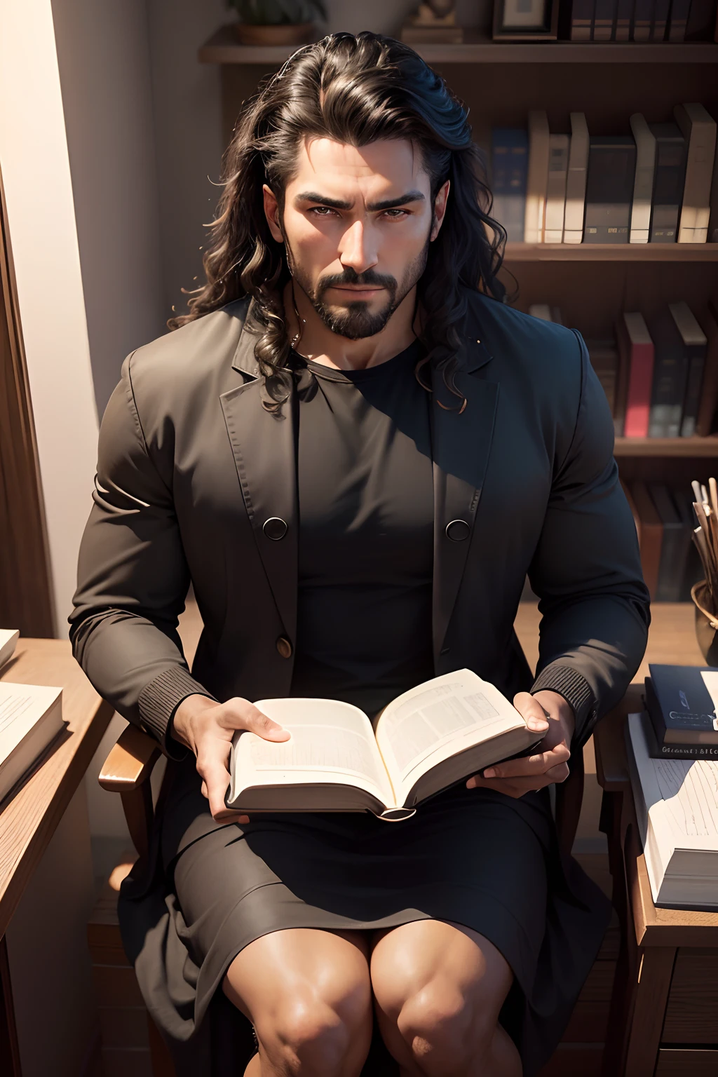 Photo of a 40-year-old man, Beautiful black hair ((model)) Christian pastor, Look forward and sit, Light brown eyes, Wavy hair, Very imposing, Features of safety and elegance, ((Wear Palito good allies)), (hypnotic), Very detailed face, Beautiful eyes, [body fitness],Holding a book is clearly a Bible，Behind the bookshelf, Lovely,  (Rembrandt lighting), ZEISS lens, Ultra photo realsisim, (Highly detailed skin: 1.2), 8K  UHD, Digital SLR, Dramatic Rim light, High quality, Fujifilm XT3,