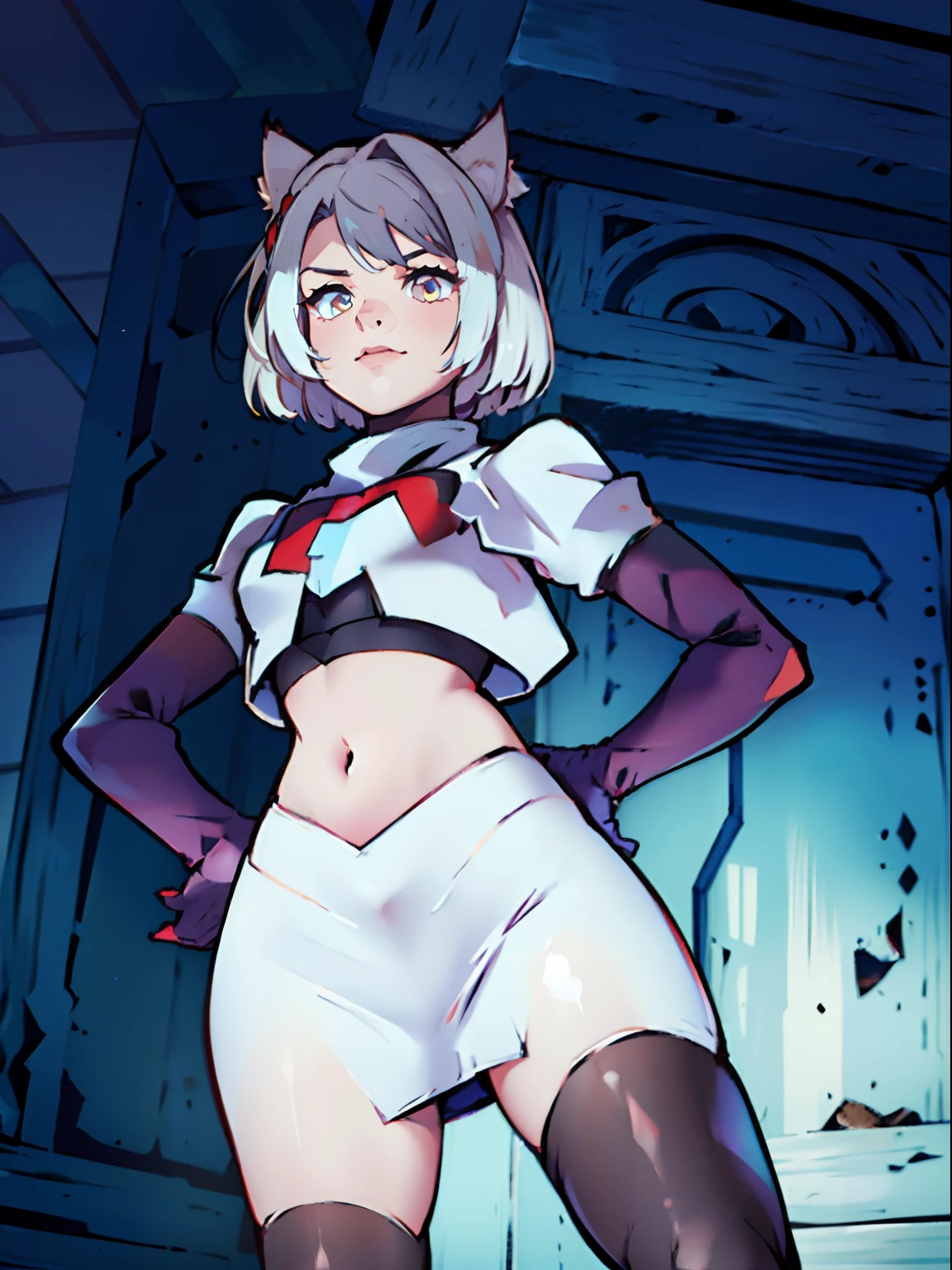 face of mio \(xenoblade\), 1girl,team rocket,team rocket uniform, red letter R, white skirt,white crop top,black thigh-highs,black elbow gloves, looking down on you , one hand on hip, cat ears, white hair
