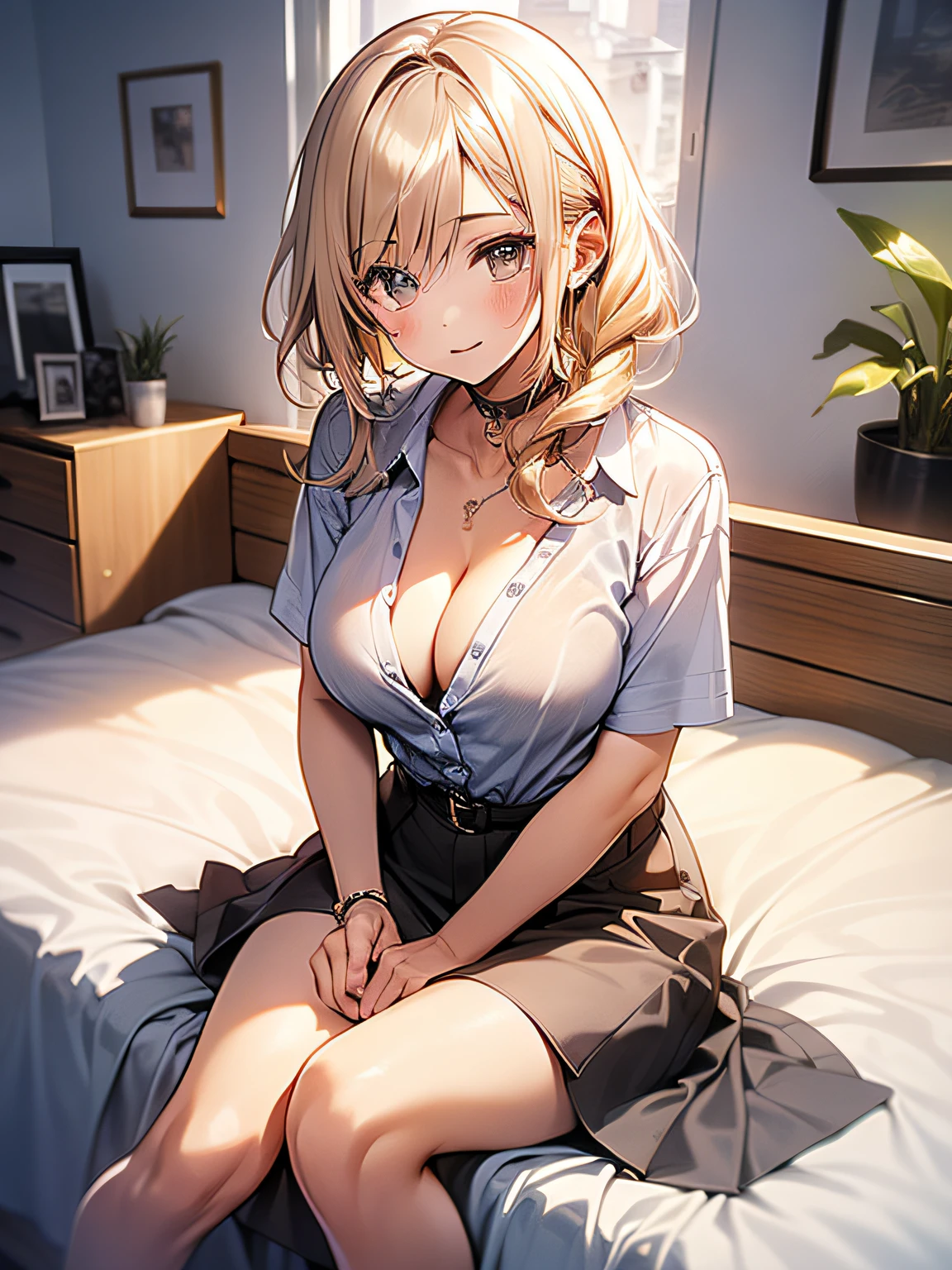 in 8K、top-quality、masterpiece、ultra-detailliert、Ultra-high resolution、((1 persons))、girl with、a blond、makeups、shirt、Unbutton、cleavage of the breast、Sit on the bed