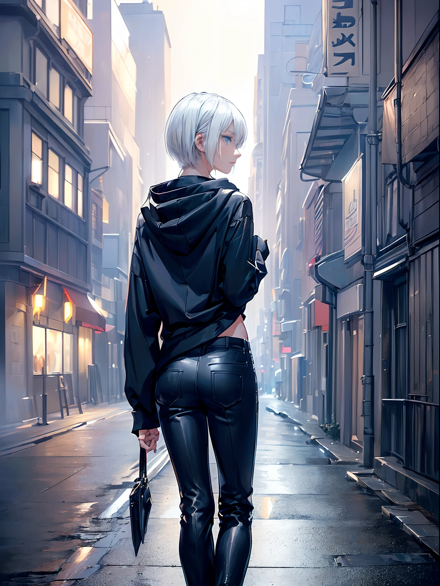 ((4K works))、​masterpiece、(top-quality)、One Beautiful Girl、Slim body、tall、((Black Y-shirt and white pants、Charming street style))、Please wear one jacket、Wearing a hood to hide his face、(Detailed beautiful eyes)、Midnight Walk、During the walk、((Walking under a dark sky))、saddened、suffocating、desolate、solitude、((Pitch black night road))、((Face similar to Carly Rae Jepsen))、((Short-haired white hair))、((Smaller face))、((Neutral face))、((Bright blue eyes))、((American adult women))、((Adult female 26 years old))、((cool lady))、((Like a celebrity))、((Korean Makeup))、((elongated and sharp eyes))、((Happy dating))、((boyish))、Professional Photos、((Shot alone))、((He is on a walk))、((He is walking in front of the viewer))、((Shot so that the back of the head and back are visible))、((photographed from the back))、((He is facing forward and cannot see his face))、horor