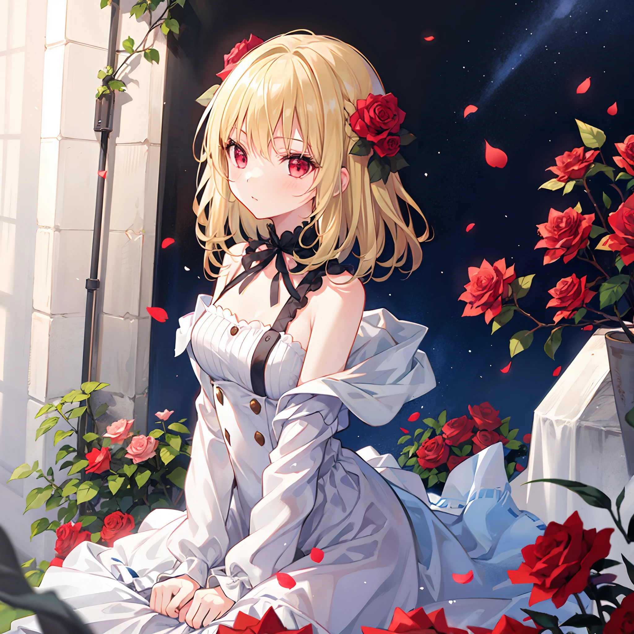 Girl with gray hair and red eyes、Blonde and red-eyed girl、Fluffy clothes、Surrounded by roses