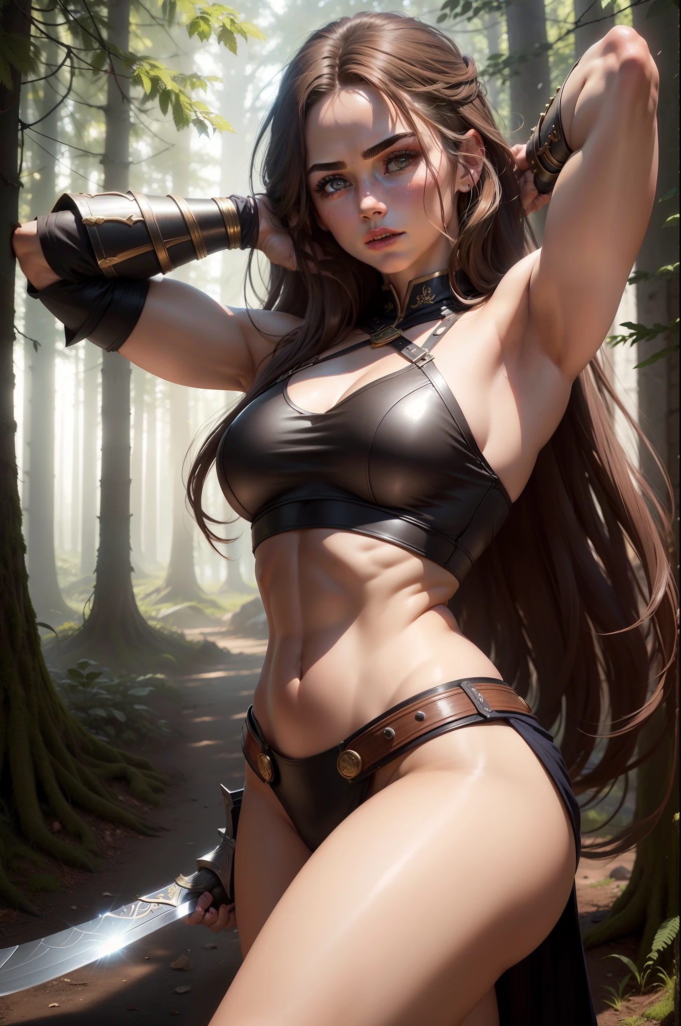 (8K,Photorealsitic Raw photography top-quality;1.4) (1girl in) Super beauty (Manuela Velasco) (Lifelike face) Muscular and macho female body (Brown hair long hair) Hold the sword correctly and hold it in front of you combat scene Metallic black and red armor Beautiful expression glareing (real looking skin) (Female Warrior) enticing 超A high resolution A hyper-realistic high detal fully body photo ln the forest