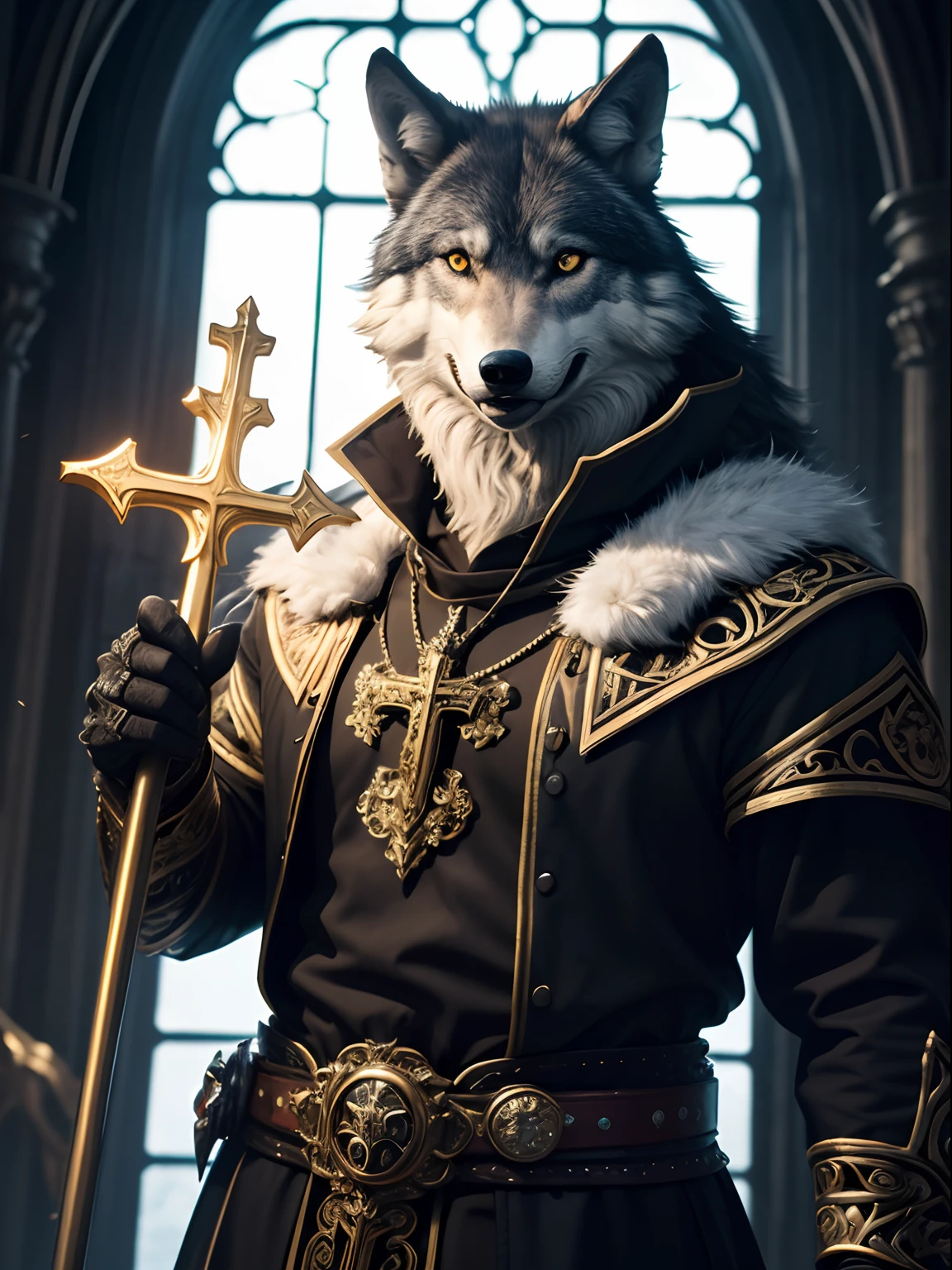 Photorealistic Production, Ultra Realistic Image of an Antropomorphic Wolf Priest, Bright White Fur Covering his Body, Lean Body Builds, Bright Amber Eyes, Intimidating Looking, (Grinning Wolf Face, Showing His Sharp Teeth), Wearing a Black Priest Outfit with Golden Ornate, Holding a Cross-shaped Staff, Dynamic Pose, Snowy Cathedral at Night, Lightning Effects, Luminescent Particles, (From Front Shot), Insane Details, Intricate Wolf Anatomy Details, Intricate Hand Details, Cinematic Shot and Lighting, Vibrant and Realistic Colors, Masterpiece, Sharp Focus, Ultra Detailed, Taken with DSLR camera, Realistic Photography, Depth of Field, Incredibly Realistic Environment and Scene, Master Composition and Cinematography