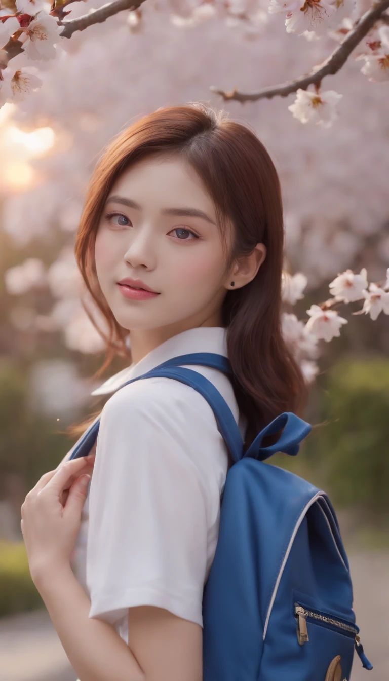 (masutepiece, Photorealsitic:1.4), (up close shot:1.3), (Japanese high school students:1.3), (Return home at sunset:1.3), (Blue and white uniform:1.4), (Undercut hairstyle:1.3), (bright two-color eyes:1.4), (Backpack on shoulder:1.2), (Stroll through the park where cherry blossoms bloom:1.2), (Charming and innocent gaze:1.3), (Quiet and warm sunset light:1.2), (Captured uniform details:1.3), (Cherry blossom petals rustling in the breeze:1.2), (Subtle blush on the cheeks:1.2), (zora々Charm:1.2), (Beautifully styled hair:1.3), (Expressive eyes，Shine with excitement:1.2), (Peaceful and charming atmosphere:1.2), (Capture emotions and details perfectly:1.2), Cinematic, ultra-detailliert, insanely detaileda, Beautifully color graded, Illusion Engine, degrees of freedom, Hyper-Resolution, Megapixel, cinematic lightening, Anti-aliasing, FKAA, TXAA, nffsw, SSAO, post processed, post, tonemapping, ..CGI, VFX, tokusatsu, insanely detailed and intricat, Hyper maximalist, Ultra photo realsisim, volume, Photorealistic, A hyper-realistic, Ultra-detailed, Intricate details, 8K, super detailed, fulcolor, Volumetric lightning, nffsw, Realistic, Illusion Engine, 16 K, Sharp Focus, Octane render --v testp