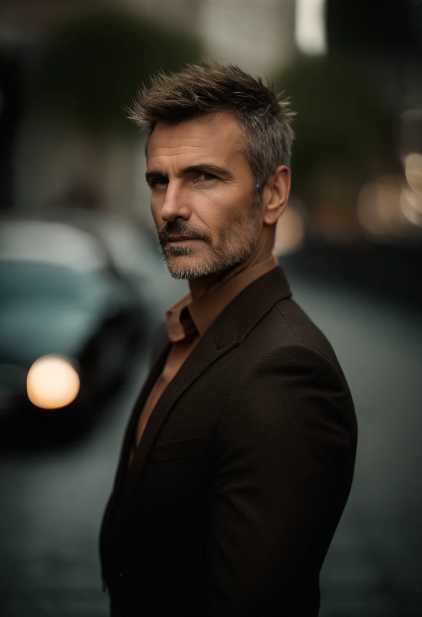 Cinematic portrait , a handsom man, Tall and fit, (40 years old:1.1), (shaven:1.2), (short brown spiky hair :1.5),(very short spiky hair:1.6). black tight suit, white shirt . Minimalistic background, clean composition, strong details, Muted Colours, Hasselblad, style raw