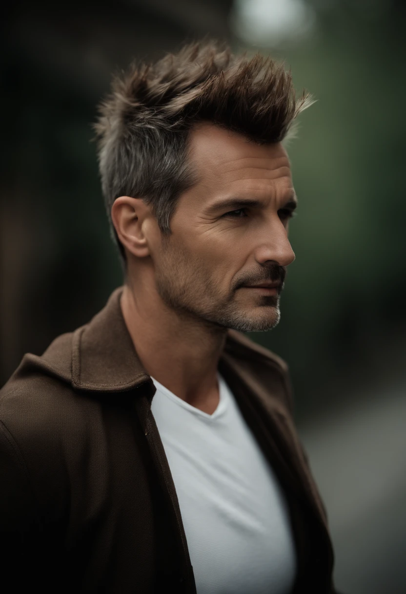 Cinematic portrait , a handsom man, Tall and fit, (40 years old:1.1), (shaven:1.2), (short brown spiky hair :1.5),(very short spiky hair:1.6). black tight suit, white shirt . Minimalistic background, clean composition, strong details, Muted Colours, Hasselblad, style raw
