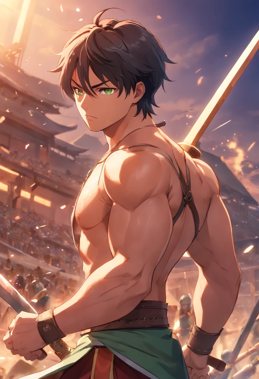 masutepiece, High quality, Best Quality, Beautiful, hard disk, Realistic, Perfect Lighting, Detailed face, Detailed body, 1 man, Solo, Black hair, Green eyes, long black beard, Gladiator style in brown and worn leather clothes: 1.4), Leather Breast Plate, 1 wooden spear in hand, Background of the battle of the war, Gladiator style, Muscular men, robust, Angry look,