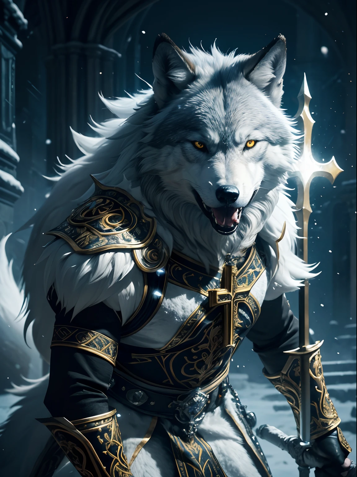Photorealistic Production, Ultra Realistic Image of an Antropomorphic Wolf Priest, Bright White Fur Covering his Body, Lean Body Builds, Bright Amber Eyes, Intimidating Looking, (Grinning Wolf Face, Showing His Sharp Teeth), Wearing a Black Priest Outfit with Golden Ornate, Holding a Cross-shaped Staff, Dynamic Pose, Snowy Cathedral at Night, Lightning Effects, Luminescent Particles, (From Front Shot), Insane Details, Intricate Wolf Anatomy Details, Intricate Hand Details, Cinematic Shot and Lighting, Vibrant and Realistic Colors, Masterpiece, Sharp Focus, Ultra Detailed, Taken with DSLR camera, Realistic Photography, Depth of Field, Incredibly Realistic Environment and Scene, Master Composition and Cinematography