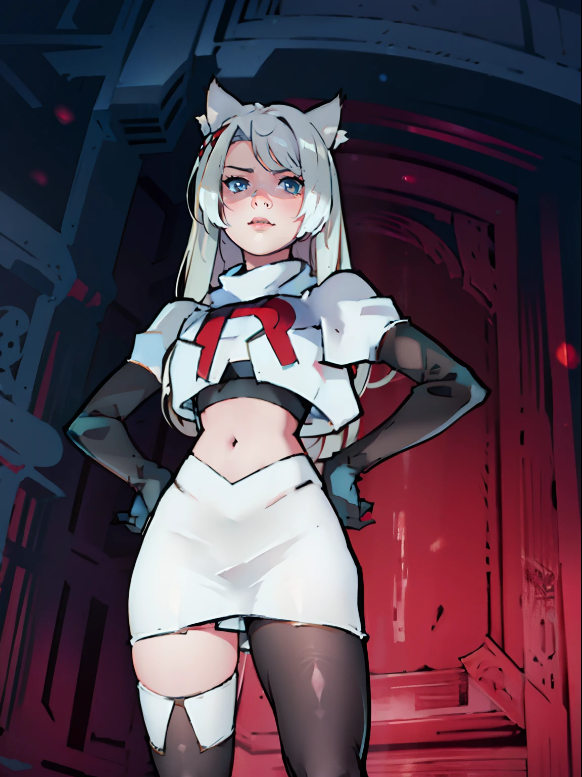 face of mio \(xenoblade\), 1girl,team rocket,team rocket uniform, red letter R, white skirt,white crop top,black thigh-highs,black elbow gloves, looking down on you , one hand on hip, cat ears, white hair, long hair