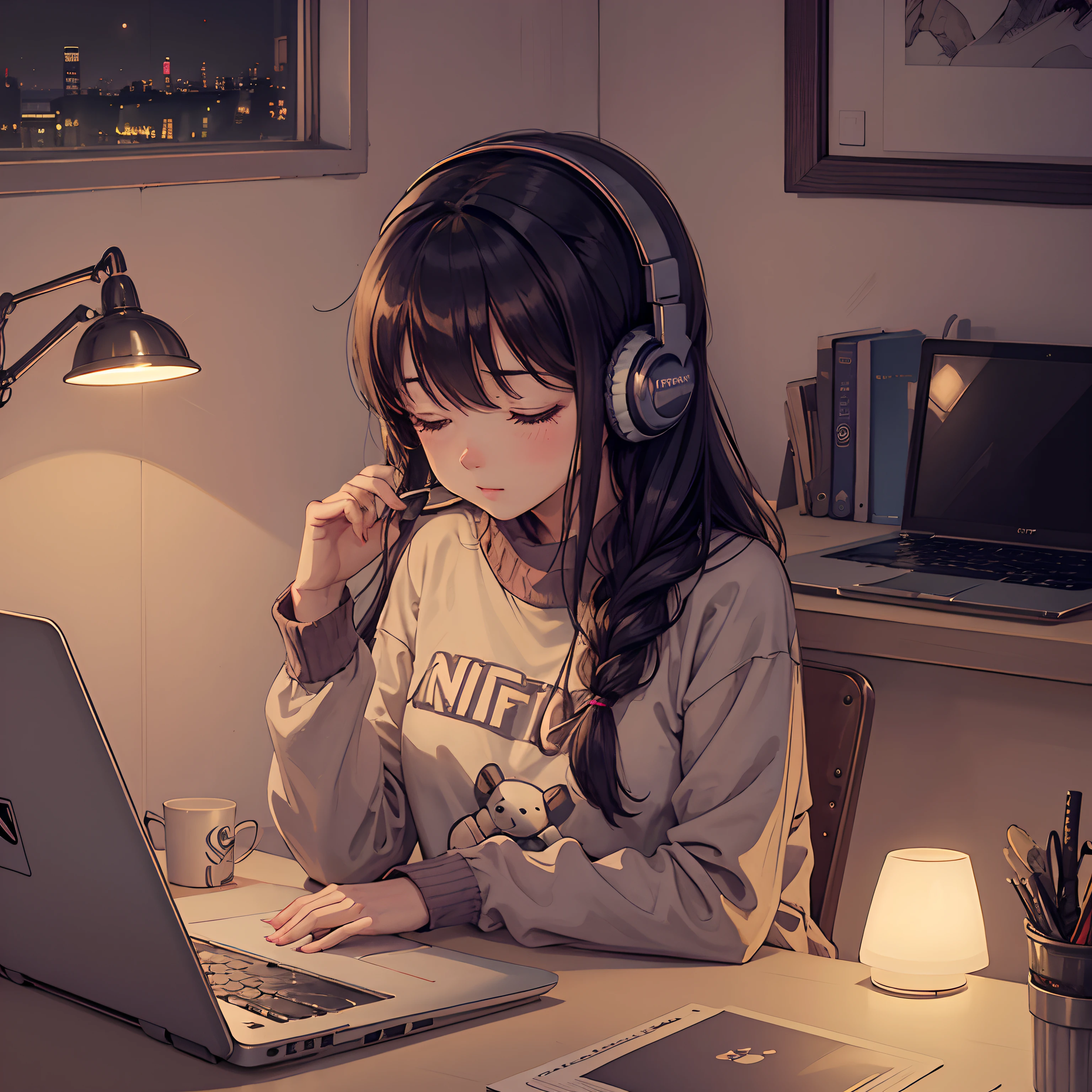 midnight study, room with night lamp, study table and laptop, with a cute puppy, chill and lofi vibes, girl study and working wearing headphones, city with midnight view, looking at the laptop, clean and aesthetic, cute puppy sleeping, lofi aesthetic, chill, destress, midnight, nightview