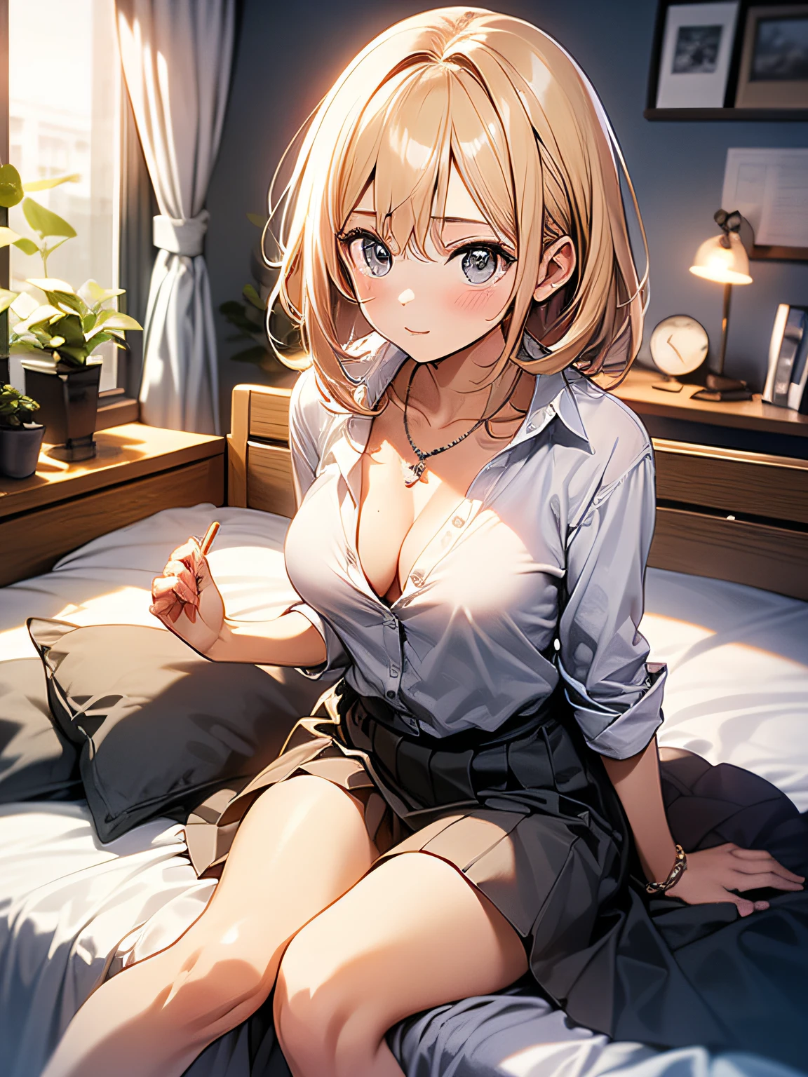 in 8K、top-quality、​masterpiece、ultra-detailliert、Ultra-high resolution、((1 persons))、girl with、a blond、makeups、耳Nipple Ring、a necklace、medium chest、White shirt、Unbutton、cleavage of the breast、Sit on the bed