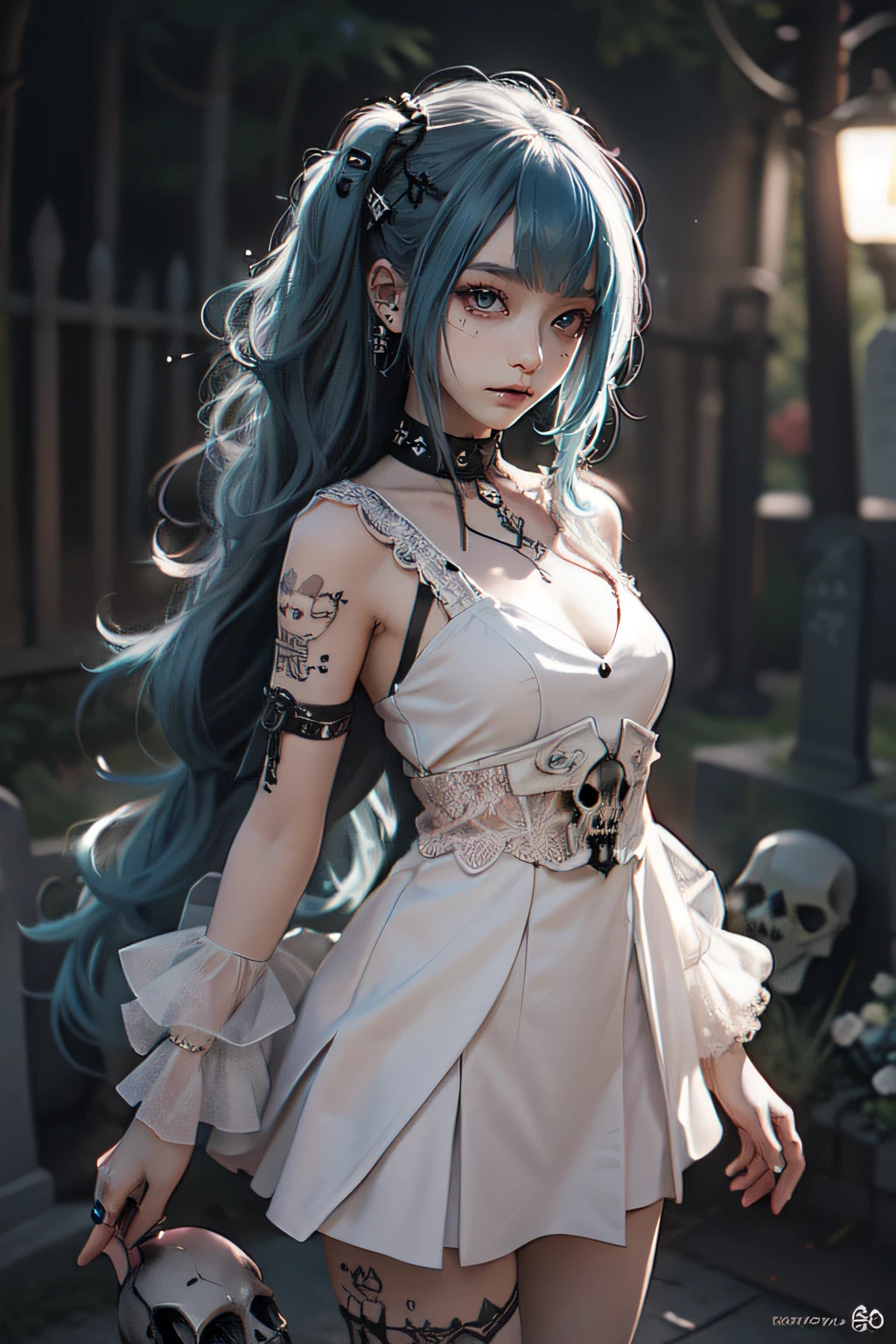 Adornos para el cabello、piercings、tatuaje、godo_punk, 1chica en, solo,、highest qualityr, fotorrealista, Unas ilustraciones ultrafinas, Hermosa chica de anime atractiva,(mini vestido:1.4), Miku hatsune, cuerpo delgado, cabello atado,(cabello rosado:1.4),a girl, A picture of a girl, Toma de cuerpo completo, Hermosos ojos azules:1.4, Convertido,arete、Adornos para el cabello、jewely、Miku hatsune、(fondo Skull Night Cemetery:1.4), motor irreal:1.4,UHD,La mejor calidad:1.4, fotorrealista:1.4, textura de la piel:1.4, obra maestra:1.8,(detailed:1.4), white dress.